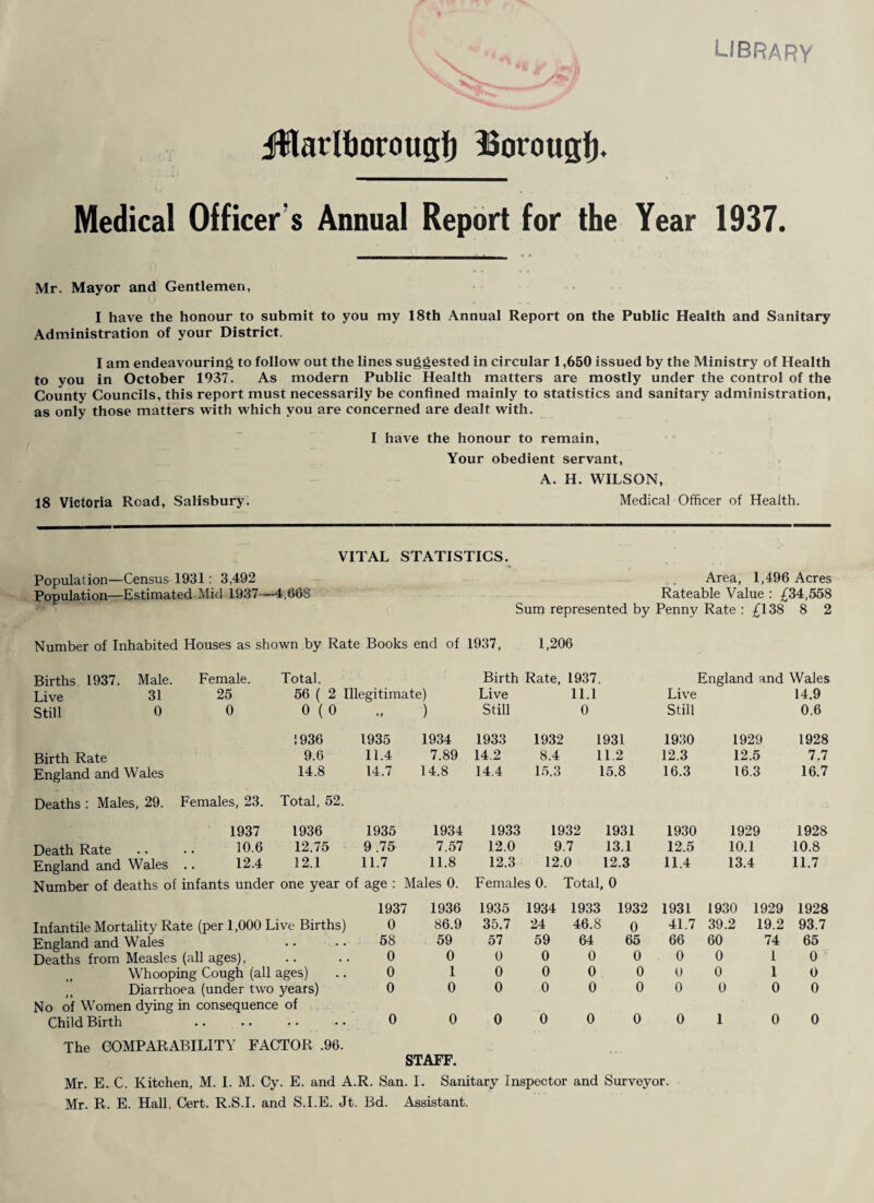 library Jtlarlborougf) Borough Medical Officer s Annual Report for the Year 1937. Mr. Mayor and Gentlemen, I have the honour to submit to you my 18th Annual Report on the Public Health and Sanitary Administration of your District. I am endeavouring to follow out the lines suggested in circular 1,650 issued by the Ministry of Health to you in October 1937. As modern Public Health matters are mostly under the control of the County Councils, this report must necessarily be confined mainly to statistics and sanitary administration, as only those matters with which you are concerned are dealt with. I have the honour to remain, Your obedient servant, A. H. WILSON, 18 Victoria Road, Salisbury. Medical Officer of Health. VITAL STATISTICS. Population—Census 1931: 3,492 Area, 1,496 Acres Population—Estimated Mid 1937—4,068 Rateable Value : £34,558 Sum represented by Penny Rate : £138 8 2 Number of Inhabited Houses as shown by Rate Books end of 1937, 1,206 Births 1937. Male. Female. Total. Birth Rate, 1937 England and Wales Live 31 25 56 ( 2 Illegitimate) Live 11.1 Live 14.9 Still 0 0 0 ( 0 • > ) Still 0 Still 0.6 1936 1935 1934 193.3 1932 1931 1930 1929 1928 Birth Rate 9.6 11.4 7.89 14.2 8.4 11.2 12.3 12.5 7.7 England and Wales 14.8 14.7 14.8 14.4 15.3 15.8 16.3 16.3 16.7 Deaths : Males, 29. Females, 23. Total, 52. 1937 1936 1935 1934 1933 1932 1931 1930 1929 1928 Death Rate ,. 10.6 12.75 9 .75 7.57 12.0 9.7 13.1 12.5 10.1 10.8 England and Wales 12.4 12.1 11.7 11.8 12.3 12.0 12.3 11.4 13.4 11.7 Number of deaths of infants under one year of age : Males 0. Females 0. Total, 0 1937 1936 1935 1934 1933 1932 1931 1930 1929 1928 Infantile Mortality Rate (per 1,000 Live Births) 0 86.9 35.7 24 46.8 0 41.7 39.2 19.2 93.7 England and Wales 58 59 57 59 64 65 66 60 74 65 Deaths from Measles (all ages), 0 0 0 0 0 0 0 0 1 0 Whooping Cough (all ages) 0 1 0 0 0 0 0 0 1 0 Diarrhoea (under two years) No of Women dying in consequence of 0 0 0 0 0 0 0 0 0 0 Child Birth The COMPARABILITY FACTOR .96. 0 0 STAFF. 0 0 0 0 0 1 0 0 Mr. E. C. Kitchen, M. I. M. Cy. E. and A.R. San.I. Sanitary Inspector and Surveyor. Mr. R. E. Hall, Cert. R.S.I. and S.I.E. Jt. Bd. Assistant.