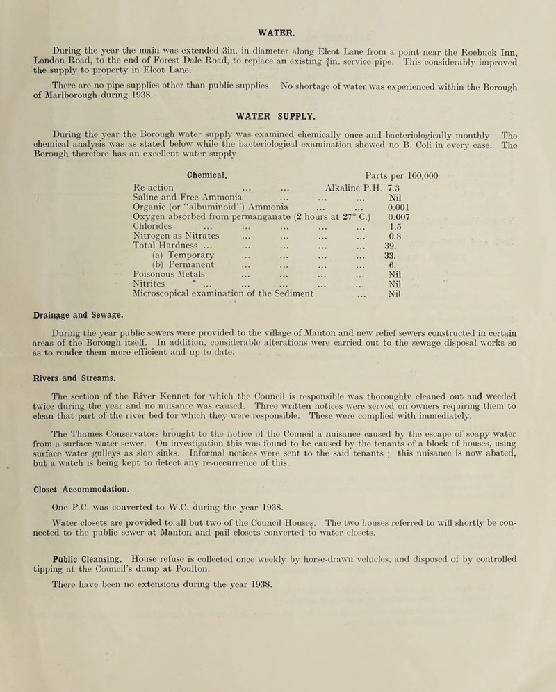 WATER. During the year the main was extended 3in. in diameter along Elcot Lane from a point near the Roebuck Inn, London Road, to the end of Forest Dale Road, to replace an existing fin. service pipe. This considerably improved the supply to property in Elcot Lane. There are no pipe supplies other than public supplies. No shortage of water was experienced within the Borough of Marlborough during 1938. WATER SUPPLY. During the year the Borough water supply was examined chemically once and bacteriologically monthly. The chemical analysis was as stated below while the bacteriological examination showed no B. Coli in every case. The Borough therefore has an excellent water supply. Chemical. Parts per 100,000 Re-action ... ... Alkaline P.H. 7.3 Saline and Free Ammonia Organic (or “albuminoid”) Ammonia Oxygen absorbed from permanganate (2 hours at 27° C.) Chlorides Nitrogen as Nitrates Total Hardness ... (a) Temporary (b) Permanent Poisonous Metals Nitrites * ... Microscopical examination of the Sediment ' o Drainage and Sewage. During the year public sewers were provided to the village of Manton and new relief sewers constructed in certain areas of the Borough itself. In addition, considerable alterations were carried out to the sewage disposal works so as to render them more efficient and up-to-date. Rivers and Streams. The section of the River Kennet for which the Council is responsible was thoroughly cleaned out and weeded twice during the year and no nuisance was caused. Three written notices were served on owners requiring them to clean that part of the river bed for which they were responsible. These were complied with immediately. The Thames Conservators brought to the notice of the Council a nuisance caused by the escape of soapy water from a surface water sewer. On investigation this was found to be caused by the tenants of a block of houses, using surface water gullevs as slop sinks. Informal notices were sent to the said tenants ; this nuisance is now abated, but a watch is being kept to detect any re-occurrence of this. Closet Accommodation. One P.C. was converted to W.C. during the year 1938. Water closets are provided to all but two of the Council Houses. The two houses referred to will shortly be con¬ nected to the public sewer at Manton and pail closets converted to water closets. Public Cleansing. House refuse is collected once weekly by horse-drawn vehicles, and disposed of by controlled tipping at the Council’s dump at Poulton. There have been no extensions during the year 1938. Nil 0.001 0.007 1.5 0.8 39. 33. 6. Nil Nil Nil