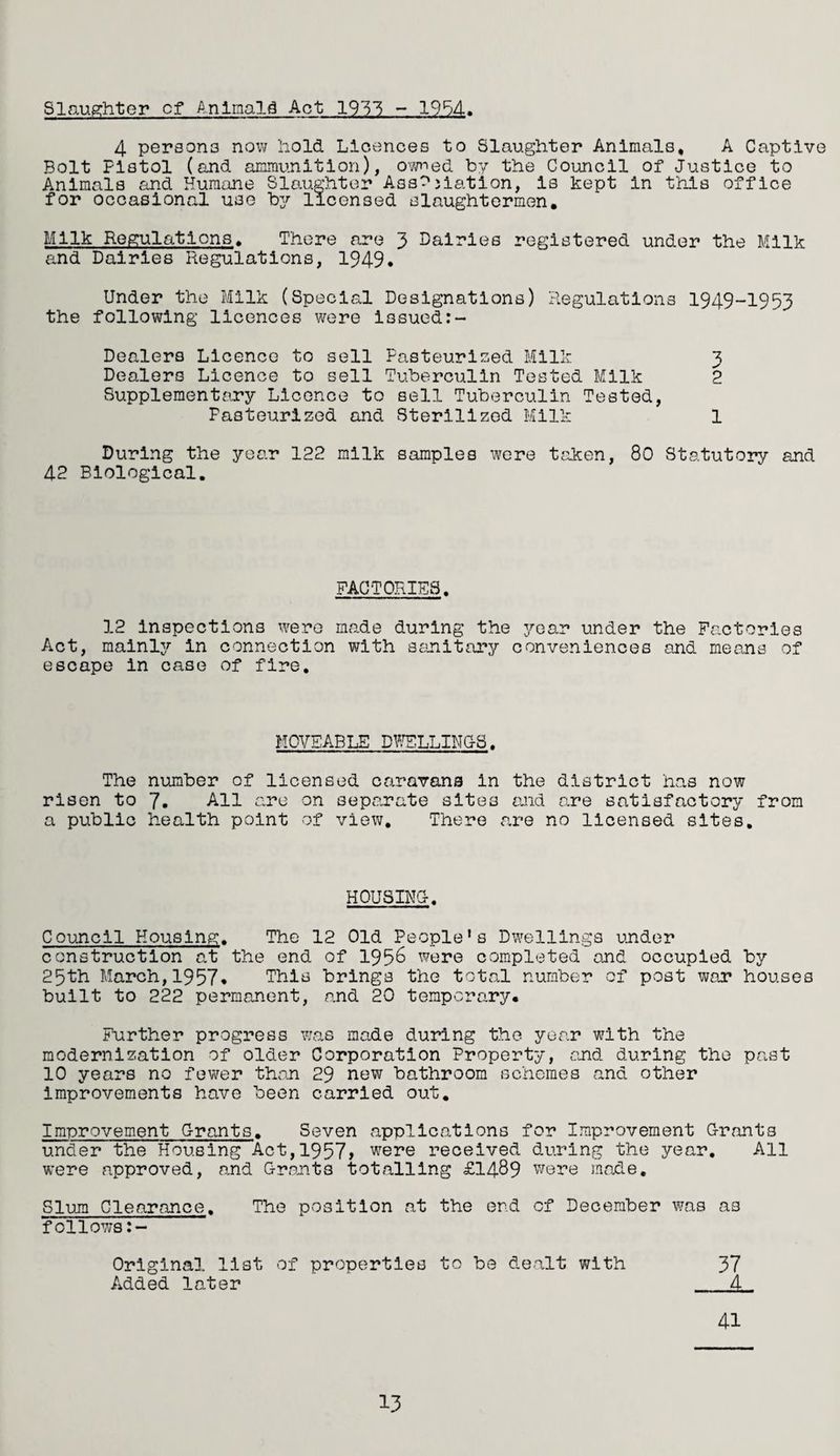 Slaughter cf Anlmald Act 1933 - 1954 4 persons now hold Licences to Slaughter Animals, A Captive Bolt Pistol (and ammunition), owned by the Council of Justice to Animals and Humane Slaughter Association, is kept in this office for occasional use by licensed slaughtermen. Milk Regulations. There are 3 Dairies registered under the Milk and Dairies Regulations, 1949. Under the Milk (Special Designations) Regulations 1949-1953 the following licences were issued:~ Dealers Licence to sell Pasteurised Milk 3 Dealers Licence to sell Tuberculin Tested Milk 2 Supplementary Licence to sell Tuberculin Tested, Pasteurized and Sterilized Milk 1 During the year 122 milk samples were taken, 80 Statutory and 42 Biological. FACTORIES. 12 inspections were made during the year under the Factories Act, mainly in connection with sanitary conveniences and means of escape in case of fire. MOVEABLE DWELLINGS. The number of licensed caravans in the district has now risen to 7. All are on separate sites and are satisfactory from a public health point of view. There are no licensed sites. HOUSING-. Council Housing. The 12 Old People’s Dwellings under construction at the end of 195& were completed and occupied by 25th March,1957. This brings the total number of post war* houses built to 222 permanent, and 20 temporary. Further progress was made during the year with the modernization of older Corporation Property, and during the past 10 years no fewer than 29 new bathroom schemes and other improvements have been carried out. Improvement G-rants. Seven applications for Improvement G-rants under the Housing Act,1957> were received during the year. All were approved, and G-rants totalling £1489 were made. Slum Clearance. The position at the end of December was as follows Original list of properties to be dealt with 37 Added later 4 41 13