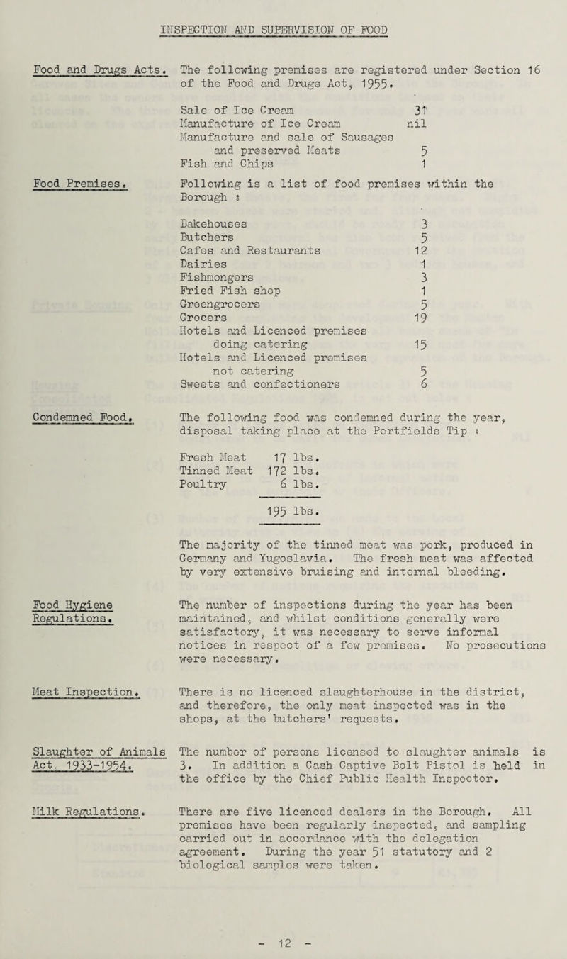 INSPECTION AND SUPERVISION OP POOD Food and Drugs Acts. Pood Premises, Condemned Food. Food Hygiene Reflations. Heat Inspection. Slaughter of Animals Act. 1933-1934. Milk Regulations. The following premises are registered under Section 16 of the Pood and Drugs Act, 1955* Sale of Ice Cream 31' Manufacture of Ice Cream nil Manufacture and sale of Sausages and preserved Meats 5 Pish and Chips 1 Following is a list of food premises within the Borough ; Bakehouses 3 Butchers 5 Cafes and Restaurants 12 Dairies 1 Fishmongers 3 Pried Pish shop 1 Greengrocers 5 Grocers 19 Hotels and Licenced premises doing catering 15 Hotels and Licenced promises not catering 5 Sweets and confectioners 6 The following food was condemned during the year, disposal taking place at the Portfields Tip s Fresh Meat 17 IDs. Tinned Meat 172 IBs. Poultry 6 lhs. 195 l^s. The majority of the tinned meat was pork, produced in Germany and Yugoslavia. The fresh meat was affected hy very extensive Bruising and internal Bleeding. The number of inspections during the year has Been maintained, and whilst conditions generally were satisfactory, it was necessary to serve informal notices in respect of a few premises. No prosecutions were necessary. There is no licenced slaughterhouse in the district, and therefore, the only meat inspected was in the shops, at the Butchers’ requests. The numBor of persons licensed to slaughter animals is 3. In addition a Cash Captive Bolt Pistol is Held in the office By the Chief Public Health Inspector. There are five licenced dealers in the Borough. All premises have Been regularly inspected, and sampling carried out in accordance with the delegation agreement. During the year 51 statutory and 2 Biological samples were taken. 12