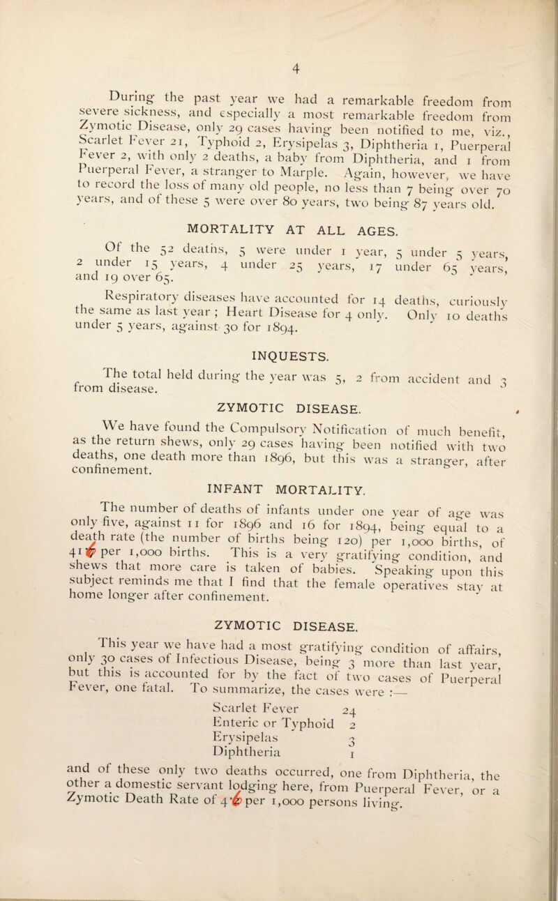 During- the past year we had a remarkable freedom from severe sickness, and especially a most remarkable freedom from Zymotic Disease, only 29 cases having been notified to me, viz., Scarlet Fever 21, Typhoid 2, Erysipelas 3, Diphtheria 1, Puerperal never 2, with only 2 deaths, a baby from Diphtheria, and 1 from ueiperal b ever, a stranger to Marple. Again, however, we have to record the loss ol many old people, no less than 7 being over 70 years, and of these 5 were over 80 years, two being 87 years old. MORTALITY AT ALL AGES. Ot the 52 deaths, 3 were under 1 year, 2 under 15 years, 4 under 25 years, 17 and 19 over 65. Respiratory diseases have accounted for 14 the same as last year j Heart Disease tor 4 only, under 5 years, against 30 for 1894. 5 under 5 years, under 65 years, deaths, curiously Only 10 deaths INQUESTS. The total held during the year was 5, 2 from accident and 2 trom disease. ZYMOTIC DISEASE. We have found the Compulsory Notification of much benefit, as the return shews, only 29 cases having been notified with two deaths, one death more than 1896, but this was a stranger after confinement. & INFANT MORTALITY. The number ot deaths ot infants under one year of aye was only five, against 11 tor 1896 and 16 tor 1894, being equal to a r<^e (tbe number ot births being 120) per 1,000 births, of 41 $ per 1,000 births. This is a very gratifying condition, and shews that more care is taken of babies. Speaking upon this subject reminds me that I find that the female operatives stay at home longer after confinement. ZYMOTIC DISEASE. This year we have had a most gratifying condition of affairs only 30 cases ot Infectious Disease, being 3 more than last year but this is accounted for by the fact of two cases of Puerperal bever, one tatal. To summarize, the cases were :_ Scarlet Fever 24 Enteric or Typhoid 2 Erysipelas 3 Diphtheria 1 and of these only two deaths occurred, one from Diphtheria, the other a domestic servant lodging here, from Puerperal Fever, or a Zymotic Death Rate ot 4$per 1,000 persons living