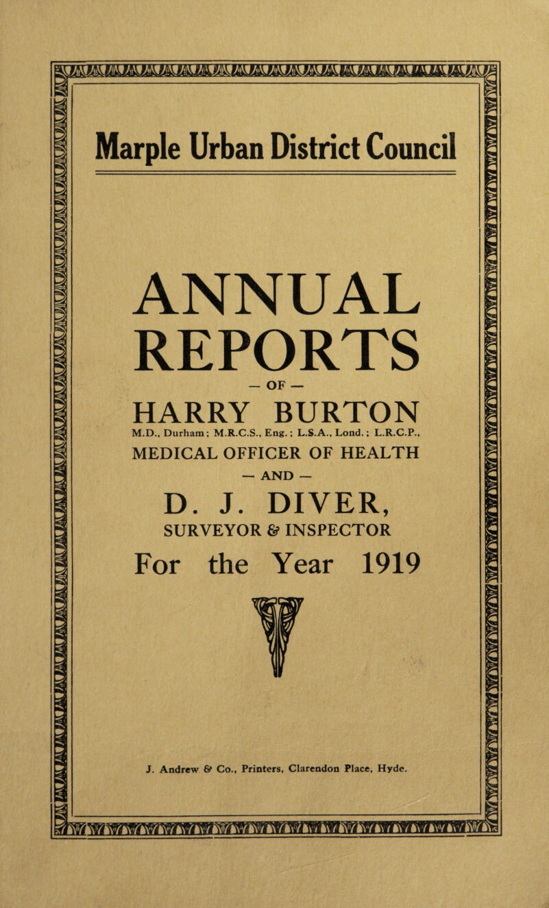 ZltVg V^i/?Vf ./jAf /;?V> mi L-41 ANNUAL REPORTS — OF — HARRY BURTON M.D., Durham; M.R.C.S., Eng.; L.S.A., Lond.; L.R.C.P., MEDICAL OFFICER OF HEALTH — AND — D. J. DIVER, SURVEYOR & INSPECTOR For the Year 1919 J. Andrew & Co., Printers, Clarendon Place, Hyde. W KihVfkWkV/k\ h\ 7M>v* fc\ / SY/fcY/l\ i i\ i k\ / ftw