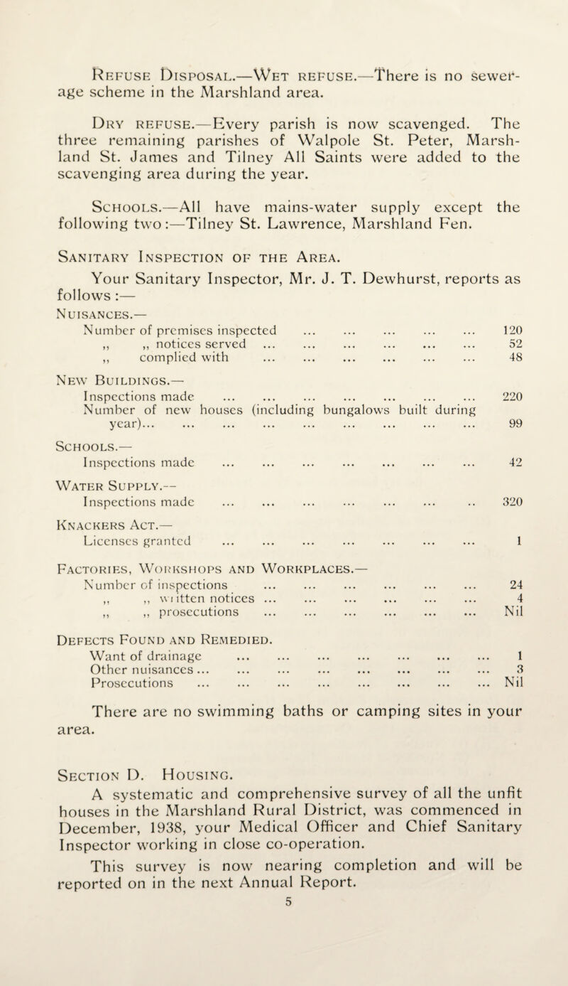 Refuse Disposal.—Wet refuse.—There is no sewer¬ age scheme in the Marshland area. Dry refuse.—Every parish is now scavenged. The three remaining parishes of Walpole St. Peter, Marsh¬ land St. James and Tilney All Saints were added to the scavenging area during the year. Schools.—All have mains-water supply except the following two:—Tilney St. Lawrence, Marshland Fen. Sanitary Inspection of the Area. Your Sanitary Inspector, Mr. J. T. Dewhurst, reports as follows :— Nuisances.— Number of premises inspected ,, „ notices served . ,, complied with ... ... . New Buildings.— Inspections made Number of new houses (including bungalows built during year)... ... ... ... ... ... ... Schools.— Inspections made Water Supply.— Inspections made Knackers Act.— Licenses granted 120 52 48 220 99 42 320 1 Factories, Workshops and Workplaces.— Number of inspections ... ... ... ... ... ... 24 ,, ,, wi itten notices ... ... ... ... ... ... 4 ,, ,, prosecutions ... ... ... ... ... ... Nil Defects Found and Remedied. Want of drainage ... ... ... ... ... ... ... 1 Other nuisances... ... ... ... ... ... ... ... 3 Prosecutions ... ... ... ... ... ... ... ... Nil There are no swimming baths or camping sites in your area. Section D. Housing. A systematic and comprehensive survey of all the unfit houses in the Marshland Rural District, was commenced in December, 1938, your Medical Officer and Chief Sanitary Inspector working in close co-operation. This survey is now nearing completion and will be reported on in the next Annual Report.