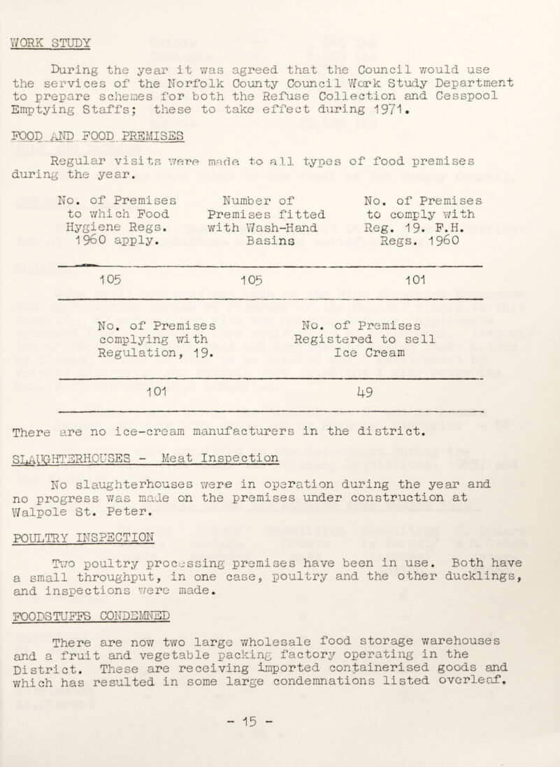 WORK STUDY During the year it was agreed that the Council would use the services of the Norfolk County Council Work Study Department to prepare schemes for both the Refuse Collection and Cesspool Emptying Staffs; these to take effect during 1971 • FOOD AND FOOD PREMISES Regular visits were made, to all types of food premises during the year. No. of Premises to which Food Hygiene Regs. I960 apply. Number of Premises fitted with Wash-Hand Basins No. of Premises to comply with Reg. 19. F.H. Regs, i960 105 105 101 No. of Premises No. of Premises complying with Registered to sell Regulation, 19. Ice Cream 101 49 There are no ice-cream manufacturers in the district. SLAUGHTERHOUSES - Meat Inspection No slaughterhouses were in operation during the year and no progress was made on the premises under construction at Walpole St. Peter. POULTRY INSPECTION - —— ——— -■■ — 11 — — Two poultry processing premises have been in use. Both have a small throughput, in one case, poultry and the other ducklings, and inspections were made. FOODSTUFFS CONDEMNED There are now two large wholesale food storage warehouses and a fruit and vegetable packing factory operating in the District. These are receiving imported containerised goods and which has resulted in some large condemnations listed overleaf. - 15