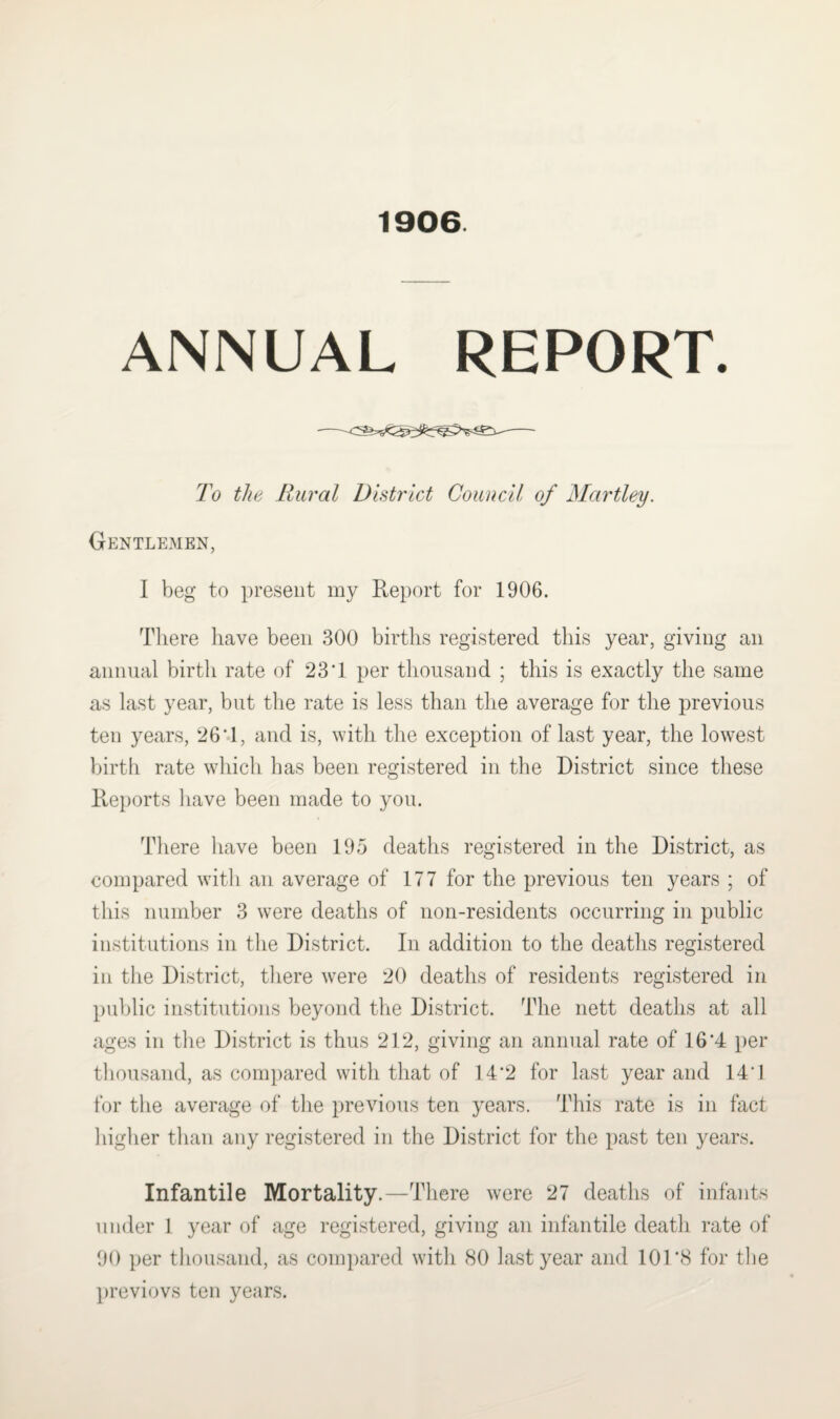 1906. ANNUAL REPORT. To the Rural District Council of Martley. Gentlemen, I beg to present my Report for 1906. There have been 300 births registered this year, giving an annual birth rate of 23T per thousand ; this is exactly the same as last year, but tlie rate is less than the average for the previous ten years, 26*.l, and is, with the exception of last year, the lowest birth rate which has been registered in the District since these Reports have been made to you. Idiere have been 195 deaths registered in the District, as compared with an average of 177 for the previous ten years ; of this number 3 were deaths of non-residents occurring in public institutions in the District. In addition to the deaths registered in the District, there were 20 deaths of residents registered in public institutions beyond tlie District. The nett deaths at all ages in the District is thus 212, giving an annual rate of 16*4 per tliousand, as compared with that of 14*2 for last year and 14’1 for the average of the previous ten years. This rate is in fact liigher than any registered in the District for the past ten years. Infantile Mortality.—There were 27 deaths of infants under 1 year of age registered, giving an infantile death rate of 90 per tliousand, as compared with (SO last year and 10T8 for tlie previovs ten years.