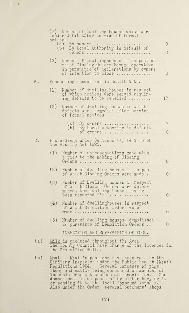 0 (2)^ Number of dwelling houses which were rendered fit after service of formal notices a) By owners •.. ,, „ .. bj By Local Authority owners oooo«co«oo©* in default oooeoooaoo of (3) Number of dwellinghouses in respect of which Closing Orders became operative in pursuance of declarations by owners of intention to close .. •.. ..... .«.». 0 0 Proceedings under Public Health Acts. (1) Number of dwelling houses in respect of which notices were served requir¬ ing defects to be remedied ..oo..... (2) Number of dwelling houses in which defects were remedied after service of formal notices owners O 00000*000000000 o Local Authori owners ...... ty in default ooooooooo Proceedings under Sections 113 14 & 15 of the Housing Act 1925. (l) Number of representations made with a view to the making of Closing Orders coooooooooooooooooooeooooooo (2) Number of dwelling houses in respect of which Closing Orders were made . (3) Number of Dwelling houses in respect of which Closing Orders were deter¬ mined y the dwelling houses having been rendered fit ...... ooooooooo (4) Number of dwellinghouses in respect of which Demolition Orders were ma de O.OO.O.O. 000000.0.0.00, 000.00. (5) Number of dwelling houses, demolished in pursuance of Demolition Orders .. INSPECTION AND SUPERVISION OF FOOD. 17 7 0 0 0 0 0 0 Milk is nroduced throughout the Area. The County Council have charge of the licences for the Classified Milks, Meat. Meat inspections have been made by the SaniFary Inspector under the Public Health (Meat) Regulations 1924. Several carcases of pigs sheep and cattle being condemned on account of Tubercle Dropsy Abscesses and emaciation. Con¬ demned meat is disnosed of by either burying it or sending it to the local foxhound kennels. Also under the Order, several butchers’ shops (7)