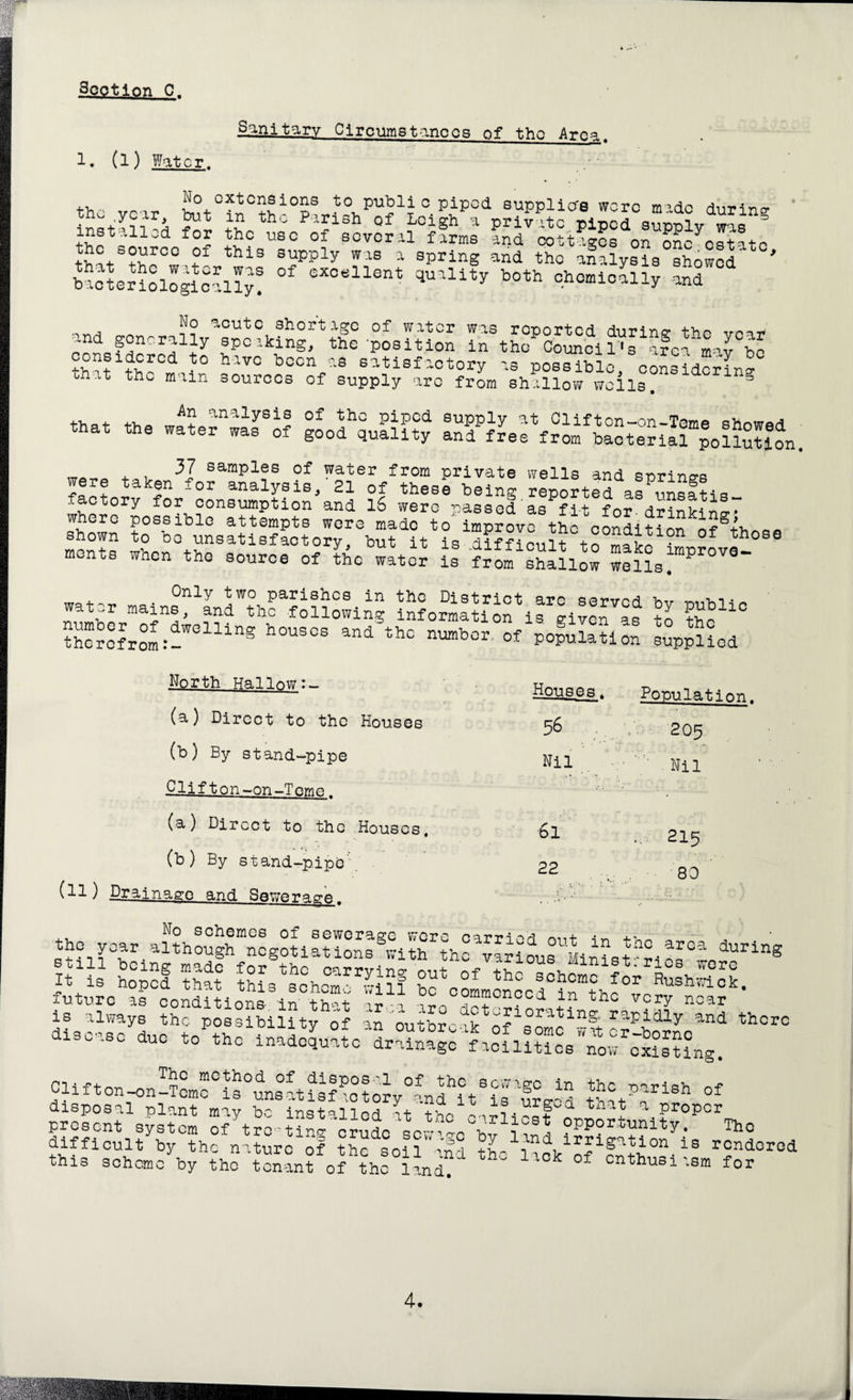 3ootion C. Sanitary Circumstances of the Area. 1* (l) Water. ,, extensions to publi c piped suppliers were rmrio tlUllZk for lVh'; Pl?iSh Qf > private piped 3SpJiy was S +?®tr11“d f05 usc of several firms and cottages on one estate ^v<?+°?vr0C °f this suPP1y was a spring and the analysis showed ’ °f “U“* *»»*, b»«l. chemically ST* c short age of water was reported during the year -king, the position in the Council's area may be No acute UiAVrf pwoxu±uxi in mu uounci 1's area may bu that thc°main 3ourcC8°of ^supply^rc^from 'shallow^vvcils °n3^<^°I'^n^ that the water wafof good^ualitj an^freffrom^aSte'rllfpollStlon. „„„ . , -’J samples °f water from private wells and snrino-s were taken for analysis, 21 of these being reported as imsftic. ..actory for consumption and 16 were passed as fit for drinkino-~ where possible attempts wore made to improve the condition n-p^+>. shown to bo unsatisfactory, but it is difficult to - ° those monts when the source of Ihe water L from shallow weUsT°Ta‘ »*» -i»? KSoSsgr'grg s mu° Src„°m,?“UlnS h“”~ ““ «“ »->» »<■ PoSSSiS »pSLd North Hallow (a) Direct to the Houses (b) By stand-pipe Cl if ton-on-Tomo (a) Direct to the Houses, (b) By stand-pipe (ll) Drainage and Sewerage. Houses. Population. 5^ 205 Nil Nil bl 22 215 80 It is hoped that this scheme will be commonccririhc°IoRUSh^Ck- is always thcdpossibilityhof In outblc^ofl?ratln*-there Clinoh^nS^g”; «,S?'“Sy« ■-'g «5 Sc Ph«.h .1 ssss*4s sy«s sffsa.'j45ey*sH^i5rr*. difficult by the naturo of the soil an-i +?- 1n‘i irjISntion is rendered this scheme by the tenant of the land?1 ^ 1 ^ °f Cnthusi '-sm for 4.