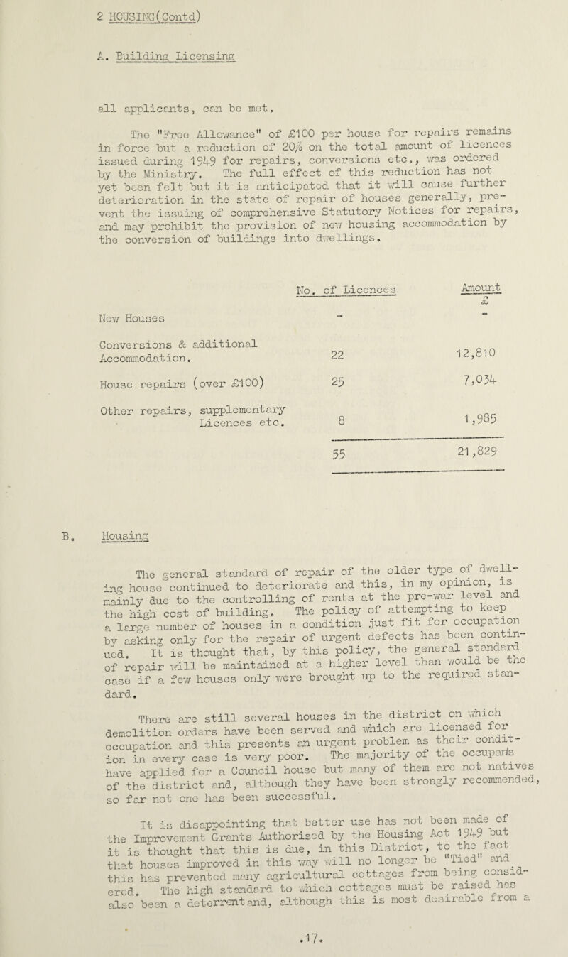 2 HCUSDJCt( Contd) A. Euildin,^; Licensinp; sll appliccjits^ CPU be met. The Free Allov/ance of £100 per house for repairs remains in force but a reduction of 20/'o on the totad amount of licences issued during 1%-9 For rejaairs, conversions etc,, v/as ordered by the Ministry. The full effect of this reduction has not yet been felt but it is ;:uiticipatod that it will cause further deterioration in the state of repair of houses general-ty, pre¬ vent the issuing of comprehensive Statutory Notices for repairs, aeid may prohibit the provision of new housing accommodation by the conversion of buildings into cfeellings. No. of Licences Amount - £ Ne'w Houses Conversions & Accommodation, additional 22 12,810 House repairs (over £100) 25 7,03A Other repairs, supplement any Licences etc. 8 1,935 55 21,829 B, Housing Tlio general stajidard of rcpa.ir of the older type ^ of dv/ell- inr house continued to deteriorate and this, in my opinion, is mainly due to the controlling of rents at the pre-war level an the high cost of building. The policy of attempting to keep a large number of houses in a. condition just fit for occupation by asking only for the repair of urgent defects has been contin¬ ued, It is thought that, by this policy, the general standard of repair will be maintained at a higher level than would be tne case if a few/ houses only were brought up to the required stan¬ dard. There a.re still several houses in the district on ./hich demolition orders have been served and which are licensed for occupation and this presents an urgent problem as their condit¬ ion in every case is very poor. The majority of the occupanls have anplied for a Council house but many of them are not natives of thedistrict and, pithough they have been strongly recommended, so far not one has been successful. It is disappointing thai bettor use has not been made of the Improvement G-rants Authorised by the Housing Act it is thought that this is due, in this District, to the^fact that houses improved in this v/ay vill no longer be Tied and^ this ha-s prevented many agricultural cottages from being ered. The high st.andard to \;hich cottages must be ^ raised has also been a deterrent and, aitnough this is most desirable from a