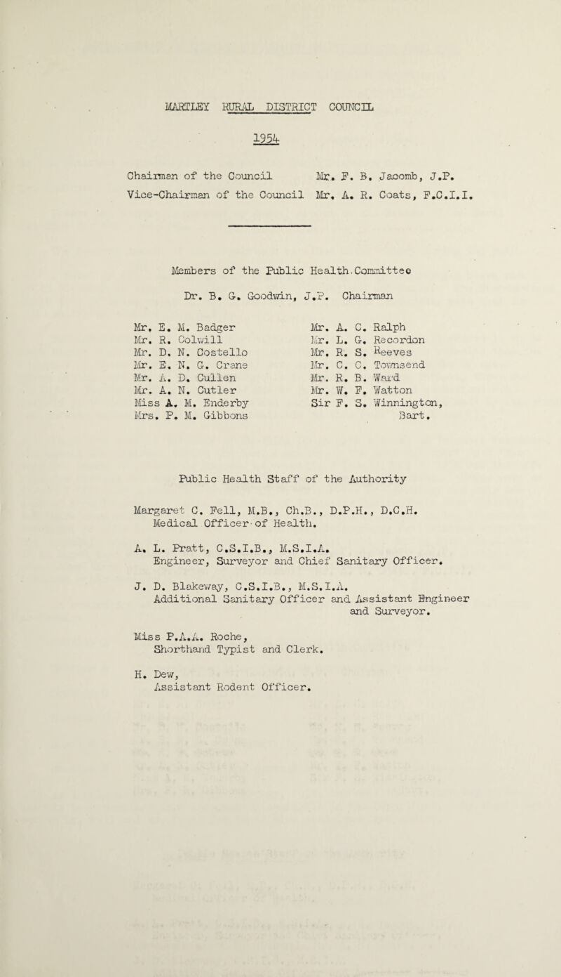 1954 Chairman of the Council Mr. F. B. Jacomb, J.P. Vice-Chairman of the Council Mr. A. R. Coats, F.C.I.I. Members of the Public Health.Committee Dr. B. G. Goodwin, J.P. Chairman Mr, E. M. Badger Mr. A. C. Ralph Mr. R. Colwill Mr. L. G. Recordon Mr. D. N. Costello Mr. R. S. beeves Mr. E. N. G. Crane Mr. C. C. Townsend Mr. A. D. Cullen Mr. R. B. Ward Mr. A. N. Cutler Mr. W. P. Watton Miss A. . M. Enderby Sir P. S. Winnington Mrs . P. . M. Gibbons Bart. Public Health Staff of the Authority Margaret C. Pell, M.B., Ch.B., D.P.H., D.C.H. Medical Officer-of Health. A. L. Pratt, C.S.I.B., M.S.I.A. Engineer, Surveyor and Chief Sanitary Officer. J. D. Blakeway, C.S.I.B., M.S.I.A. Additional Sanitary Officer and Assistant Engineer and Surveyor. Miss P.A •A. Roche, Shorthand Typist and Clerk. H. Dev/, Assistant Rodent Officer.