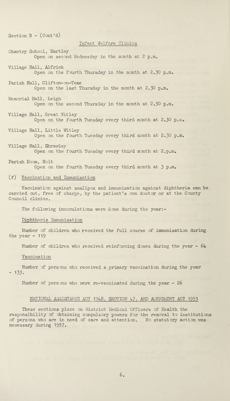 Infant Y/elfare Clinics Chantry School, Martley Open on second V/ednesday in the month at 2 p.m. Village Hall, Alfrick Open on the fourth Thursday in the month at 2.30 p.m. Parish Hall, Clifton-on-Terne Open on the last Thursday in the month at 2.30 p.m, Memorial Hall, Leigh Open on the second Thursday in the month at 2.30 p.m. Village Hall, G-reat Wit ley Open on the fourth Tuesday every third month at 2.30 p.m. Village Hall, Little Witley Open on the fourth Tuesday every third mvonth at 2.30 p.m. Village Hal 1, Shrav/1 ey Open on the fourth Tuesday every third month at 2.p.m, PEirish Room, Holt Open on the fourth Tuesday every third month at 3 p.m. (f) Vaccination and Immunisation Vaccination against smallpox and immunisation against diphtheria can be carried out, free of charge, by the patient's ov/n doctor or at the County Council clinics. The fvollov/ing innoculations were done during the year:- Djphtheria Immunisation Number of children v/ho received the full course of immunisation during the year - 119 Number of children who received reinforcing doses during the year - 6i+ Vaccination Number of persons who received a primary vaccination during the year - 133. Number of persons whvo v/ere re-vaccinated during the year - 26 NATIONAL ASSISTMCE ACT 1948, SECTION 47, MD ■Ai.nj:miENT ACT 1931 These sections place on district Medical Officers of Health the responsibility of obtaining compulsory powers for the removal to institutions of persons who are in need of care and attention. No statutory action was necessary during 1957.