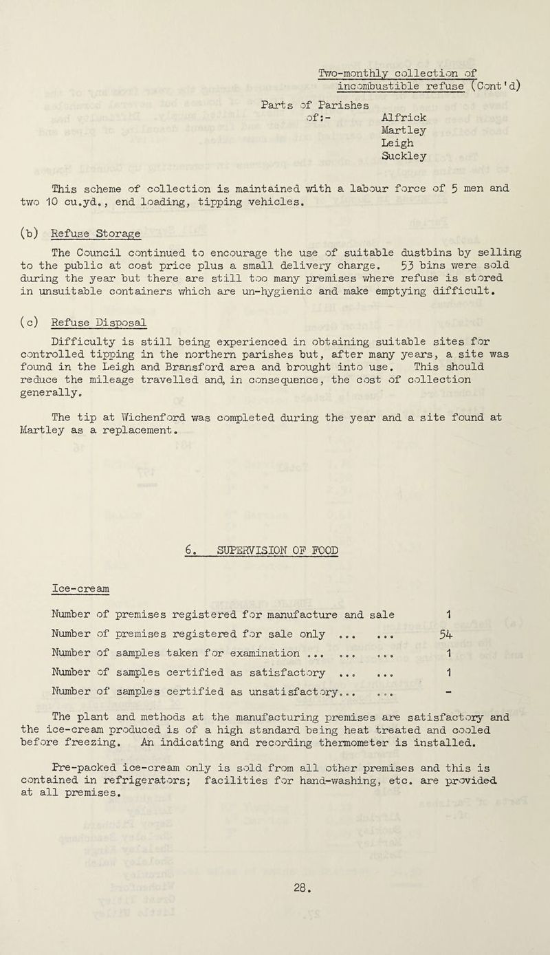 Tvvo-mvonthly collection of inc o'mbust ible re fuse (Cont * d) Parts of Parishes of:- Alfrick Hartley Leigh Suckley This scheme of collection is maintained with a labour force of 5 nien and two 10 cu.yd., end loading, tipping vehicles. (^) Rgfuse Storage The Council continued to encourage the use of suitable dustbins by selling to the public at cost price plus a small delivery charge. 53 bins were sold dujring the year but there are still too many premises where refuse is stored in unsuitable containers which are un-hygienic and make emptying difficult. (c) Refuse Disposal Difficulty is still being experienced in obtaining suitable sites for controlled tipping in the northern parishes but, after many years, a site was found in the Leigh and Bransford area and brought into use. This should reduce the mileage travelled and, in consequence, the cost of collection generally. The tip at Y/ichenfvord was completed during the year and a site found at Hartley as a replacement. 6. SUPERVISION OP FOOD ice-cream Number of premises registered for manufacture and sale 1 Number of premises registered for sale only ... 54 Number of samples taken for examination ,,. ,., ,,, 1 Number of samples certified as satisfactory ... ,., 1 Number of samples certified as unsatisfactory,.. The plant and methods at the manufacturing premises are satisfactory and the ice-cream produced is of a high standard being heat treated and cooled before freezing. An indicating and recording thermometer is installed. Pre-packed ice-cream only is sold from all other premises and this is contained in refrigerators; facilities for hand-washing, etc. are provided at all premises.