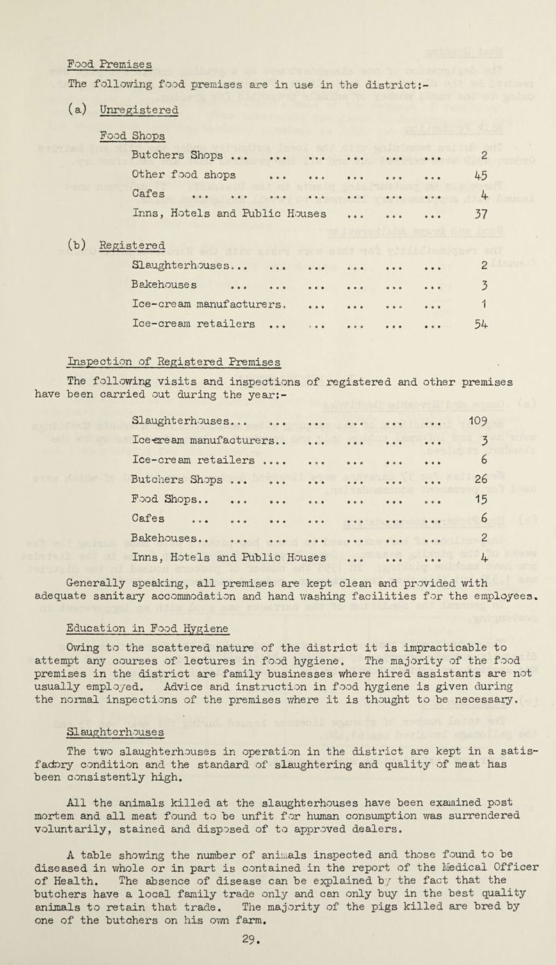 Pood Premises The following food premises are in use in the district (a) Unregistered Food Shops Butchers Shops . Other food shops . Cjpi C* ®oo e*e ooe •«» osa m Inns, Hotels and Public Houses • • 0 o • o 2 43 4 37 (b) Registered Slaughterhouses... .., Bakehouses . Ice-cream manufacturers. Ice-cream retailers ... 2 3 1 34 Inspection of Registered Premises The following visits and inspections of registered and other premises have been carried out during the year:- Slaughterhouses... Ice-ere am manufacturers Ice-cream retailers .. Butchers Shops ... Pood Shops. Cafes ... ... 0 Bakehouses. Inns, Hotels and Public Houses • 00 o o 109 3 6 26 13 6 2 4 Generally spealcing, all premises are kept clean and provided with adequate sanitary accommodation and hand washing facilities for the employees. Education in Food Hygiene Owing to the scattered nature of the district it is impracticable to attempt any courses of lectures in food hygiene. The majority of the food premises in the district are family businesses where hired assistants are not usually employed. Advice and instruction in food hygiene is given during the normal inspections of the premises where it is thought to be necessary. SIaught e rhouse s The tv/o slaughterhouses in operation in the district are kept in a satis- facbry condition and the standard of slaughtering and quality of meat has been consistently high. All the animals killed at the slaughterhouses have been examined post mortem and all meat found to be unfit for human consumption v/as surrendered voluntarily, stained and disposed of to approved dealers. A table showing the number of aniiuals inspected and those found to be diseased in whole or in part is contained in the report of the Medical Officer of Health. The absence of disease can be explained b/ the fact that the butchers have a local family trade only and can only buy in the best quality animals to retain that trade. The majority of the pigs killed are bred by one of the butchers on his own farm.