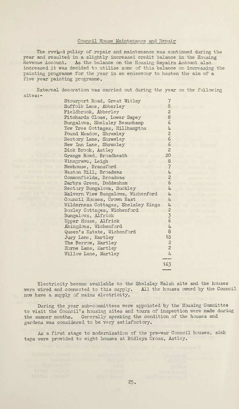 Council House Maintenance and Repair The revjssd policy of repair and maintenance was continued during the year and resulted in a slightly increased credit balance in the Housing Revenue Account. As the balance on the Housing Repadrs Account also increased it was decided to utilise some of this balance on increasing the painting programme for the year in an endeavour to hasten the aim of a five year painting prograimne. External decoration was carried out during the year on the following sites; - Stourport Road, G-reat Witley Suffolk Lane, Abberley Pieldbrook, Abberley Pitchards Close, Lower Sapey Bungalov/s, Shelsley Beauchamp Yew Tree Cottages, Hillhampton Pound Meadow, Shrawley Rectory Lane, Shrawley New Inn Lane, Shrawley Dick Brook, Astley Grange Road, Broadheath Winsgravo, Leigh Newhouse, Bransford Weston Hill, Broadwas Commonfields, Broadwas Darbys Green, Doddenham Rectory Bungalows, Suckley Malvern View Bungalows, Wichenford Council Houses, Crown East Yv'ildemess Cottages, Shelsley Kings Boxley Cottages, Y/ichenford Bungalov/s, Alfrick Upper House, Alfrick Abingdons, Wichenford Queen's Estate, Yfichenford Jury Lane, Hartley The Berrow, Hartley Home Lane, Hartley Y/illow Lane, Hartley 7 8 2 8 6 4 2 6 6 2 20 8 7 4 2 6 4 4 4 4 2 3 6 4 8 18 2 2 Zl 163 Electricity became available to the Shelsley Walsh site and the houses were wired and connected to this supply. All the houses ov/ned by the Council now have a supply of mains electricity. During the year sub-committees were appointed by the Housing Committee to visit the Council's housing sites and tours of inspection were made during the summer months. Generally speaking the condition of the houses and gardens was considered to be very satisfactory. As a first stage to modernisation of the pre-war Council houses, sink taps were provided to eight houses at Ridleys Cross, Astley. 23.