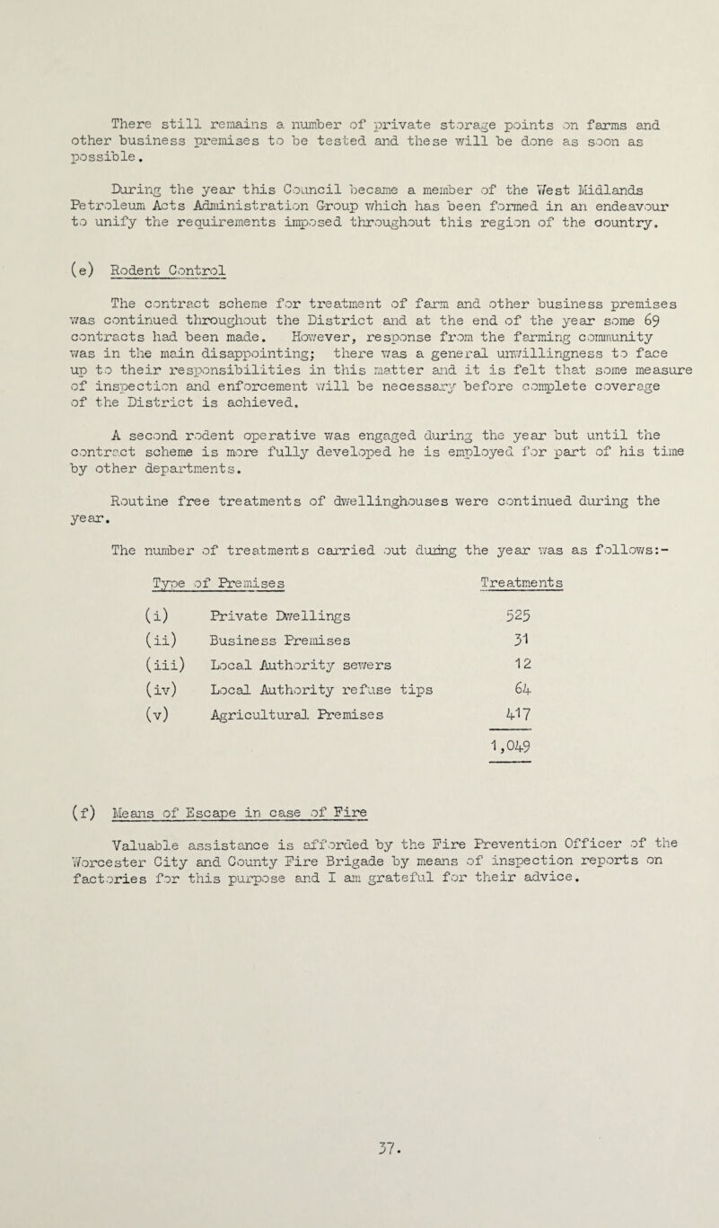 There still rerAains a nuinher of private storage points on farms and other business premises to be tested and these will be done as sovon as possible. During the year this Council became a member vof the V/est Midlands Petroleum Acts Administration G-roup which has been formed in an endeavour to unify the requirements imposed thxoughout this region of the country. (e) Rodent Control The contra.ct scheme for treatment of farm and other business premises was continued throughout the District and at the end of the year some 69 contracts had been made. However, response from the farming community was in the main disappointing; there v/as a general unwillingness to face up to their resi^onsibilities in this matter and it is felt that some measure of inspection and enforcement will be necessarj^ before complete coverage of the District is achieved, A second rodent operative v/as enga.ged during the year but until the contract scheme is more fully developed he is emplvoyed for part of his time by other departments. Routine free treatments of dwellinghouses v/ere continued during the year. The number of treatments carried out duiing the year v/as as follov/s:- Tyne of Premises Treatments (i) Private Dvellings 525 (ii) Business Premises 31 (iii) Local Authority sev/ers 12 (iv) Local Authority refuse tips 64 (v) Agricultura]. Premises 417 1,049 (f) Means of Escape in case of Fire Valuable assistance is afforded by the Fire Prevention Officer of the Worcester City and County Fire Brigade by means of inspection reports on factories for this purpose and I am grateful for their advice.