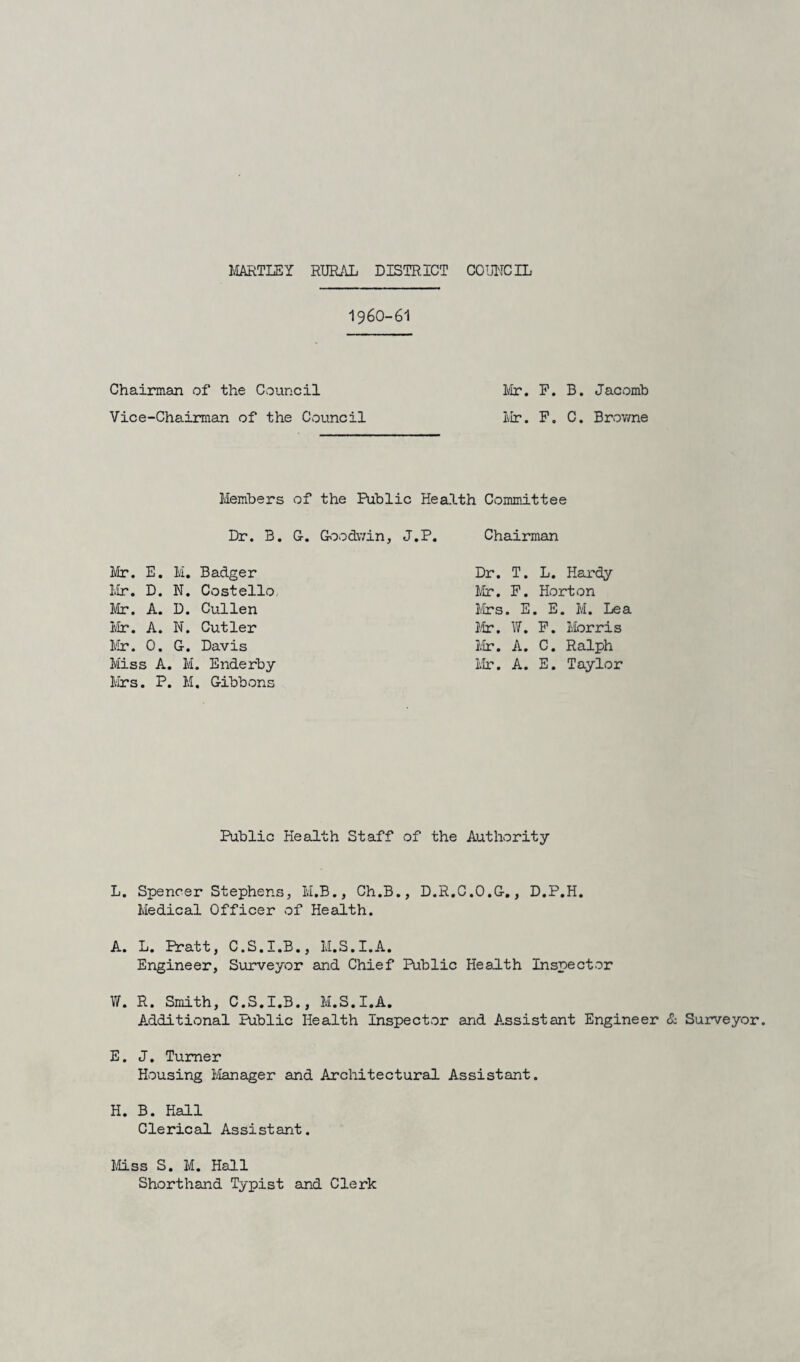 1960-61 Chairman of the Council Mr. P. B. Jacomb Vice-Chairman of the Council Mr. P. C. Browne Members of the Public Health Committee Dr. B. G. Goodwin Mr. E. M. Badger Mr. D. N. Costello, Mr. A. D. Cullen Mr. A. N. Cutler Mr. 0. G. Davis Miss A. M. Enderby Mrs. P. M. Gibbons J.P. Chairman Dr. T. L. Hardy Mr. P. Horton Mrs. E. E. M. Lea Mr. W. P. Morris Mr. A. C. Ralph Mr. A. E. Taylor Public Health Staff of the Authority L. Spencer Stephens, M.B., Ch.B., D.R.C.O.G., D.P.H. Medical Officer of Health. A. L. Pratt, C.S.I.B., M.S.I.A. Engineer, Surveyor and Chief Public Health Inspector W. R. Smith, C.S.I.B., M.S.I.A. Additional Public Health Inspector and A-ssistant Engineer & Surveyor. E. J. Turner Housing Manager and Architectural Assistant. H. B. Hall Clerical Assistant. Miss S. M. Hall Shorthand Typist and Clerk