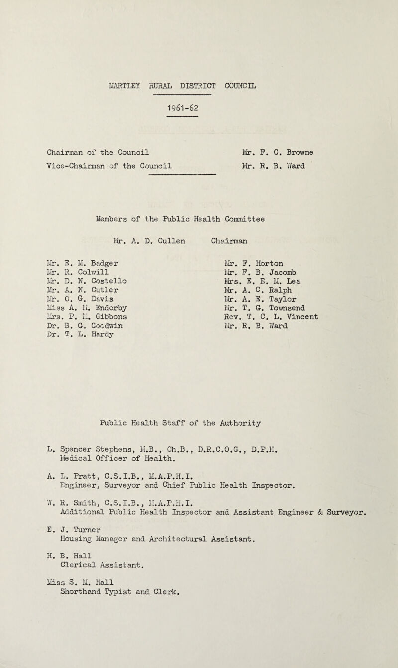 1961-62 Chairman of the Council Mr. P. C. Browne Vice-Chairman of the Council Mr. R. B. Ward Members of the Public Health Committee Mr. A. D. Cullen Chairman Mr. E. M. Badger Mr. P. Horton Mr. R. Colwill Mr. P. B. Jacomb Mr. D. N. Costello Mrs . E . E. Ivl. Lea Mr. A. N. Cutler Mr. A. C. Ralph Mr. 0. G. Davis Mr. A. E. Taylor Miss A. , II. Endcrby Mr. T. G. Townsend Mrs . P, , H. Gibbons Rev, . T . C. L. Vincent Dr. B. G. Goodwin Mr. R. B. Ward Dr. T. L. Hardy Public Health Staff of the Authority L. Spencer Stephens, M.B., Ch.B., D.R.C.O.G., D.P.H. Medical Officer of Health. A. L. Pratt, C.S.I.B., M.A.P.H.I. Engineer, Surveyor and Chief Public Health Inspector. W. R. Smith, C.S.I.B., M.A.P.H.I. Additional Public Health Inspector and Assistant Engineer & Surveyor. E. J. Turner Housing Manager and Architectural Assistant. II. B. Hall Clerical Assistant. Miss S. M. Hall Shorthand Typist and Clerk.