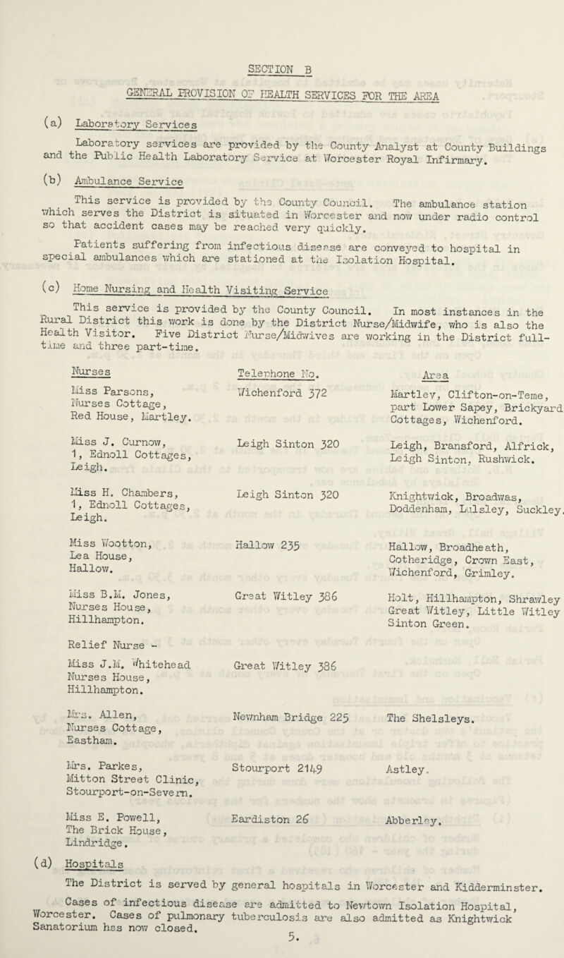 GENERAL PROVISION 0? HEALTH SERVICES FOR THE AREA (a) Laboratory Services Laboratory services are provided by the County Analyst at County Buildings and the Public Health Laboratory Service at Worcester Royal Infirmary. (b) Ambulance Service This service is provided by the County Council. The ambulance station which serves the District is situated in Worcester and now under radio control so that accident cases may be reached very quickly. Patients suffering from infectious disease are conveyed to hospital in special ambulances which are stationed at the Isolation Hospital. (c) Home Nursing and Health Visiting Service This service is provided by the County Council. In most instances in the Aural District this work is done by the District Nurse/Midwife, who is also the Health Visitor. Five District Nurse/Midwives are working in the District full¬ time and three part-time. Nurses Telephone No. Area Hiss Parsons, Nurses Cottage, Red House, Hartley. Wichenford 372 Hartley, Clifton-on-Teme, part Lower Sapey, Brickyard Cottages, Wichenford. Miss J. Curnow, 1, Ednoll Cottages, Leigh. Leigh Sinton 320 Leigh, Bransford, Alfrick, Leigh Sj_nton, Rushwick. Hiss H. Chambers, 1, Ednoll Cottages, Leigh. Leigh Sinton 320 Knightwick, Broadwas, Doddenham, Lulsley, Suckley, Miss 'Wootton, Lea House, Hallow. Hallow 233 Hallow, Broadheath, Cotheridge, Crown East, Wichenford, Grimley. Hiss B.M. Jones, Nurses House, Hillhampton. Great Witley 306 Holt, Hillhampton, Shrawley Great Witley, Little Witley Sinton Green. Relief Nurse - Miss J.M. Whitehead Nurses House, Hillhampton. Great Witley 336 Mrs. Allen, Nurses Cottage, Eastham. Newnham Bridge 225 The Shelsleys. Mrs. Parke s, Mitton Street Clinic, Stourport-on-Sevem. Stourport 2149 Astley. Miss E. Powell, The Brick House, Lindridge. Eardiston 26 Abberley. (d) Hospitals The District is served by general hospitals in Worcester and Kidderminster. Cases of infectious disease are admitted to Nev/town Isolation Hospital, Worcester. Cases of pulmonary tuberculosis are also admitted as Knightv/ick Sanatorium has now closed.