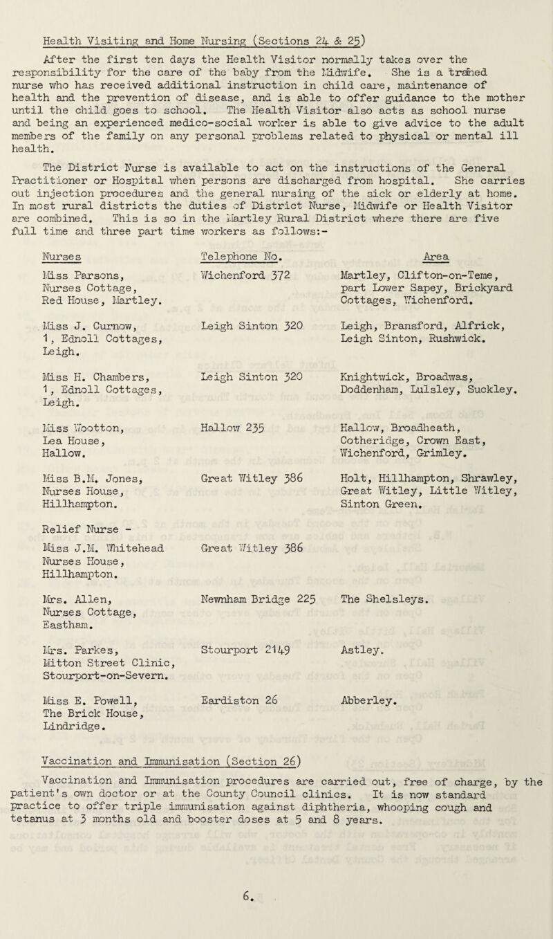Health Visiting; and Home Nursing (Sections 24 & 23) After the first ten days the Health Visitor normally takes over the responsibility for the care of the baby from the Mdwife. She i3 a 'trained nurse who has received additional instruction in child care, maintenance of health and the prevention of disease, and is able to offer guidance to the mother until the child goes to school. The Health Visitor also acts as school nurse and being an experienced medico-social worker is able to give advice to the adult members of the family on any personal problems related to physical or mental ill health. The District Nurse is available to act on the instructions of the General Practitioner or Hospital when persons are discharged from hospital. She carries out injection procedures and the general nursing of the sick or elderly at home. In most rural districts the duties of District Nurse, Midwife or Health Visitor are combined. This is so in the Hartley Rural District where there are five full time and three part time workers as follows:- Nurses Telephone No. Area Miss Parsons, Yfichenford 372 Martley, Clifton-on-Teme, Nurses Cottage, part Lower Sapey, Brickyard Red House, Hartley. Cottages, Wichenford. Miss J. Curnow, Leigh Sinton 320 Leigh, Bransford, Alfrick, 1, Ednoli Cottages, Leigh Sinton, Rushwick. Leigh. Mss H. Chambers, Leigh Sinton 320 Knightwick, Broadwas, 1, Ednoli Cottages, Doddenham, Lulsley, Suckley. Leigh. Miss Rootton, Hallow 235 Hallow, Broadheath, Lea House, Cotheridge, Crown East, Hallow. Wichenford, Grimley. Mss B.M. Jones, Great Witley 386 Holt, Hillhampton, Shrawley, Nurses House, Great Witley, Little Witley, Hillhampton. Sinton Green. Relief Nurse - Miss J.M. Whitehead Great Witley 386 Nurse s House, Hillhampton. Mrs. Allen, Newnham Bridge 223 The Shelsleys. Nurses Cottage, Eastham. Mrs. Parkes, St ourport 2149 Astley. Mitton Street Clinic, St ourport-on-Severn. Mss E. Powell, Eardiston 26 Abberley. The Brick House, Lindridge. Vaccination and Immunisation (Section 26) Vaccination and Immunisation procedures are carried out, free of charge, by the patient's own doctor or at the County Council clinics. It is now standard practice to offer triple immunisation against diphtheria, whooping cough and tetanus at 3 months old and booster doses at 5 and 8 years.
