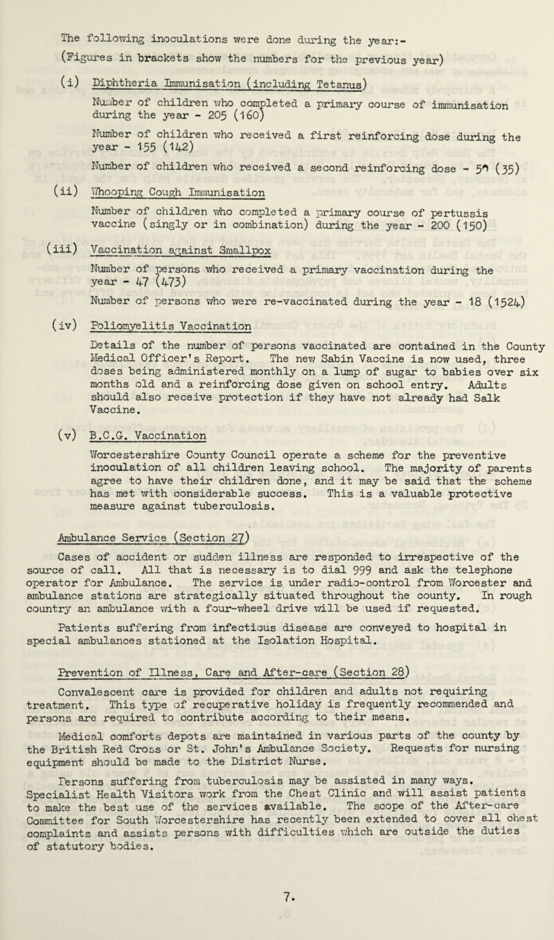 The following inoculations were done during the year:- (Figures in brackets show the numbers for the previous year) (i) Diphtheria Immunisation (including Tetanus) Number of children who completed a primary course of immunisation during the year - 205 (160) Number of children who received a first reinforcing dose during the year - 155 (142) Number of children who received a second reinforcing dose - 50 (35) (ii) V/hooping Cough Immunisation Number of children who completed a primary course of pertussis vaccine (singly or in combination) during the year - 200 (150) (iii) Vaccination against Smallpox Number of persons who received a primary vaccination during the year - 47 (473) Number of persons who were re-vaccinated during the year - 18 (1524) (iv) Poliomyelitis Vaccination Details of the number of persons vaccinated are contained in the County Medical Officer’s Report. The new Sabin Vaccine is now used, three doses being administered monthly on a lump of sugar to babies over six months old and a reinforcing dose given on school entry. Adults should also receive protection if they have not already had Salk Vaccine. (v) B.C.G-. Vaccination Worcestershire County Council operate a scheme for the preventive inoculation of all children leaving school. The majority of parents agree to have their children done, and it may be said that the scheme has met with considerable success. This is a valuable protective measure against tuberculosis. Ambulance Service (Section 27) Cases of accident or sudden illness are responded to irrespective of the source of call. All that is necessary is to dial 999 and ask the telephone operator for Ambulance. The service is under radio-control from Y/orcester and ambulance stations are strategically situated throughout the county. In rough country an ambulance with a four-wheel drive will be used if requested. Patients suffering from infectious disease are conveyed to hospital in special ambulances stationed at the Isolation Hospital. Prevention of Illness, Care and After-care (Section 28) Convalescent care is provided for children and adults not requiring treatment. This type of recuperative holiday is frequently recommended and persons are required to contribute according to their means. Medical comforts depots are maintained in various parts of the county by the British Red Cross or St. John's Ambulance Society. Requests for nursing equipment should be made to the District Nurse. Persons suffering from tuberculosis may be assisted in many ways. Specialist Health Visitors work from the Chest Clinic and will assist patients to make the best use of the services available. The scope of the After-care Committee for South Worcestershire has recently been extended to cover all chest complaints and assists persons with difficulties which are outside the duties of statutory bodies.