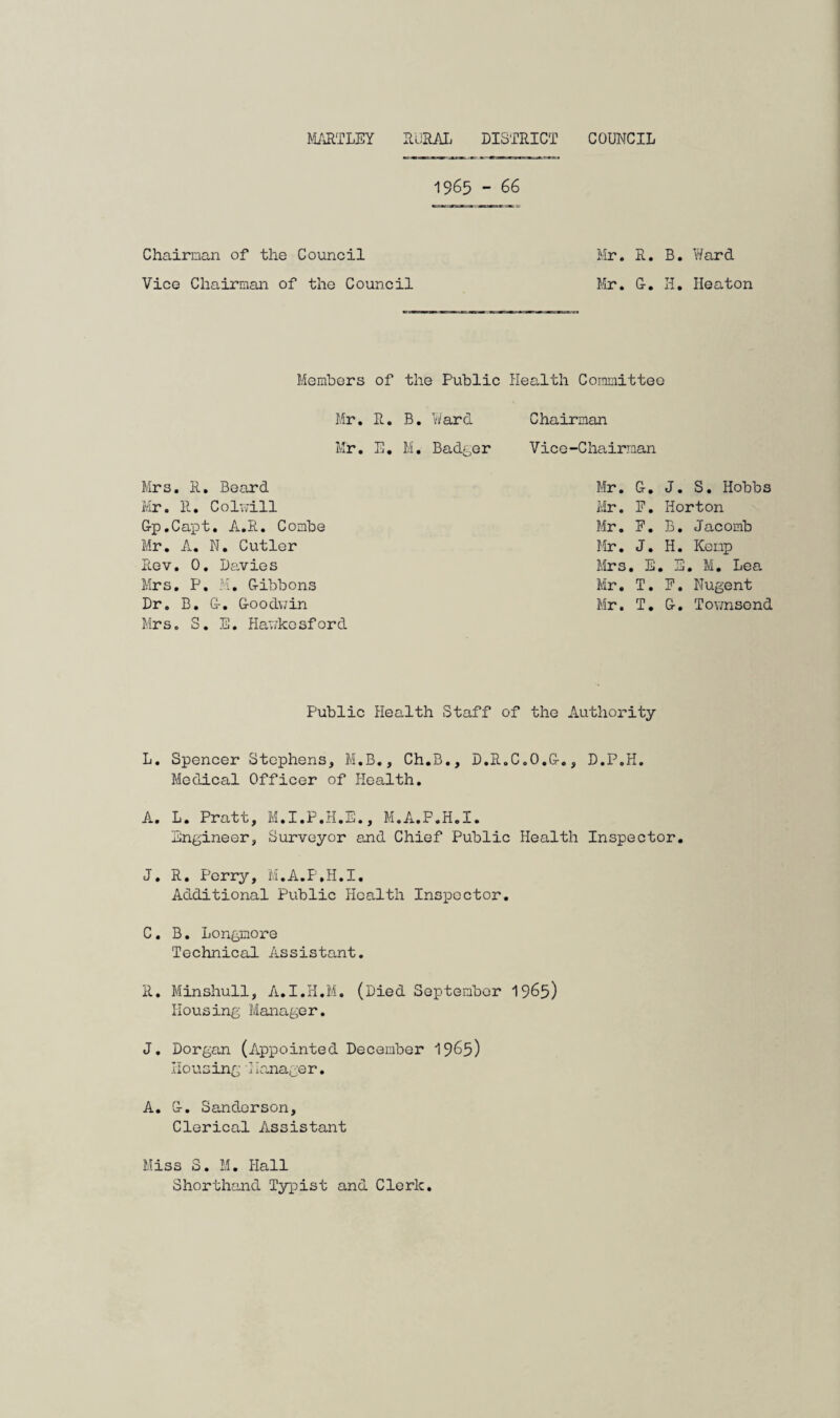 HARTLEY RuRAL DISTRICT COUNCIL 1965 - 66 Chairnan of the Council Vico Chairman of the Council Mr. R. B. Ward Mr, G-, li. Heaton Members of the Public Health Committee Mr, R, B, Ward Chairman Hr, E, M, Badger Vice-Chairman Mrs. R. Beard Mr. G, J, S. Hobbs Mr. 11, Coluill Mr. P. Horton G-p.Capt. A.,R, Combe Mr. F, B, Jacomb Mr, A, N, Cutler Mr. J. H. Kemp Rev. 0, Davies Mrs , E. E, M, Lea Mrs, P. H, Gibbons Mr. T. F, Nugent Dr. B, G, Goodwin Mrs. S. S. Hawkesford Mr. T. G. Townsend Public Health Staff of the Authority L. Spencer Stephens, M.B., Ch.B., D.R.C.O.U,, D.P.H. Medical Officer of Health, A. L. Pratt, M.I.P.H.E., M.A.P.H.I. Engineer, Surveyor and Chief Public Health Inspector. J. R. Perry, M.A.P.H.I, Additional Public PIcalth Ins]poctor, C. B. Longmore Technical Assistant. R, Minshull, A.I.H.M. (Died September I965) Housing Manager, J, Dorgan (/ippointed December I965) Housing Manager. A, G-, Sanderson, Clerical Assistant Miss S. M. Plan Shorthand Typist and Cleric.