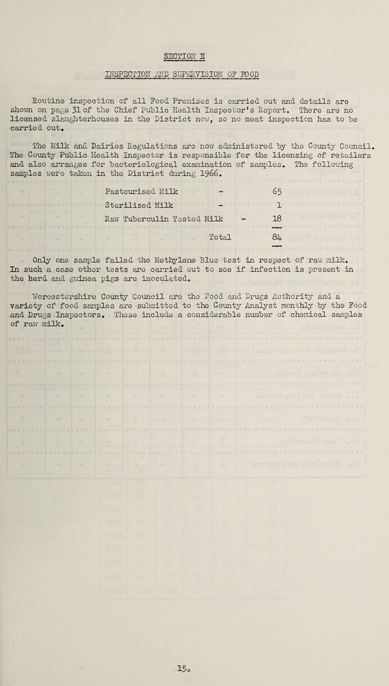 INSPECTION END SUPERVISION OF FOOD Routine inspection of all Pood Premises is carried out and details are shown on page 31 of the Chief Public Health Inspector’s Report. There are no licensed slaughterhouses in the District now, so no meat inspection has to be carried out. The Milk and Dairies Regulations arc now administered by the County Council. The County Public Health Inspector is responsible for the licensing of retailers and also arranges for bacteriological examination of samples. The following samples were taken In the District during 1966. Pasteurised Milk - 65 Sterilized Milk - 1 Raw Tuberculin Tested Milk - 18 Total 8k Only one sample failed the Methylene Blue test in respect of raw milk. In such a case other tests are carried out to see if infection is present in the herd and guinea pigs are inoculated. Worcestershire County Council are the Pood and Drugs Authority and a variety of food samples are submitted to the County Analyst monthly by the Food and Drugs Inspectors. These include a considerable number of chemical samples of raw milk.