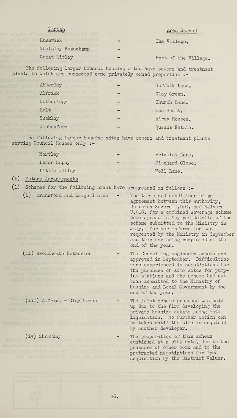 Parish /irea Served Rushwick - The Village. Shelsley Beauchamp - Great Vitley - Part of the Village. The following larger Council housing sites have sewers and treatment plants to which are connected some privately owned properties Ablerley Alfrick Cotheridge Holt Suckley V/ichenf ord The following larger housing erving Council Houses only :- Suffolk Lane. Clay Green. - Church Lane. - The Heath. Airey Houses. Queens Estate. ites have sewers and treatment plants Hartley Lower Sapey Little Vitley (b) Future Arrangements (l) Schemes for the following areas have (i) Bransford and Leigh Sinton (ii) Broadheath Extension (iii) Alfrick - Clay Green (iv) Shrawley Prickley Lane. Pitchard Close. Well Lane. progressed as follows Tho terms and conditions of an agreement between this authority. Upton-on-Severn R.D.C. and Malvern U.D.C. for a combined sewerage scheme were agreed in May and details of the scheme submitted to tho Ministry in July. Further information was requested by the Ministry in September and this was being completed at the end of the year. The Consulting Engineers scheme was approved in September. Difficulties were experienced in negotiations for the purchase of some sites for pump¬ ing stations and the scheme had not been submitted to the Ministry of Housing and Local Government by the end of the year. The joint scheme proposed was held up due to the firm developing the private housing estate going into liquidation. No further action can be taken until the site is acquired by another developer. The preparation of this scheme continued at a slow rate, duo to the pressure of other work and to the protracted negotiations for land acquisition by the District Valuer,