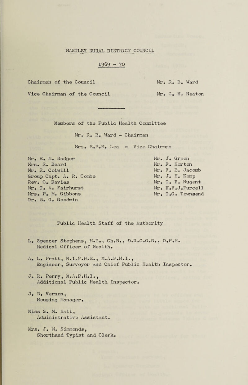 1969 ~ 70 Mr. R. B. Ward I‘4r. G, H. Heaton Chairnian of the Council Vice Chairnan of the Council Members of the Public Health Committee Mr, R, B, V/ard - Chairnan Mrs. E.S.M, Lea - Vice Chairnan Mr, S, M. Badger Mr. J. Green Mrs. R, Beard Mir. F. Horton Mr. R. Colwill Mr. F. B, Jacomb Group Capt. A, R, Combe Mr. J. H, Kemp Rev, C, Davies Mr, T. F, Nugent Mr, T, A, Fairhurst Mr, H, F.J,Purcell Mrs, P, H, Gibbons Mr, T, G, Townsend Dr. 3, G, Goodv/in Public Health Staff of the Authority Li, Spencer Stephens, M.D,, Ch.B, , D.R.C.O.G,, D.P.H. Medical Officer of Health. A, L, Pratt, M.I.P.H.S., M.A.P.H.I,, Engineer, Surveyor and Chief Public Health Inspector. J. R, Perry, M.A.P.H.I,, Additional Public Health Inspector, J, D, Vemon, Housing Manager, Miss S. M. Hall, Administrative Assistant. Mrs, J, M, Sir.iraonds, Shorthand Typist and Clerk.