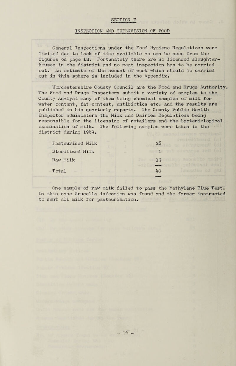 SECTION E INSPIXTICN IJSi'D SUPERVISION OF FOOD General Inspections under the Food Hygiene Regulations were limited due to lack of tine available as can be seen from the figtires on page 12. Fortunately there are no licensed slaughter¬ houses in the district and no meat inspection has to be carried out. /in estimate of the amount of work which should be carried out in this sphere is included in the Appendix. Worcestershire Covmty Council are the Food and Drugs /lUthority. The Food and Drugs Inspectors submit a variety of samples to the County Analyst many of them being chemical samples of milk for water content, fat content, antibiotics etc. and the results are published in his quarterly reports. The County Public Health Inspector administers the Milk and Dairies Regulations being responsible for the licensing of retailers and the bacteriological examination of milk. The following samples were taken in the district during 19^9• Pasteurised Milk 26 Sterilized Milk 1 Raw Milk 13 Total 40 One sample of raw milk failed to pass the Methylene Blue Test. In this case Brucella infection was found and the farmer instructed to sent all milk for pasteurisation.