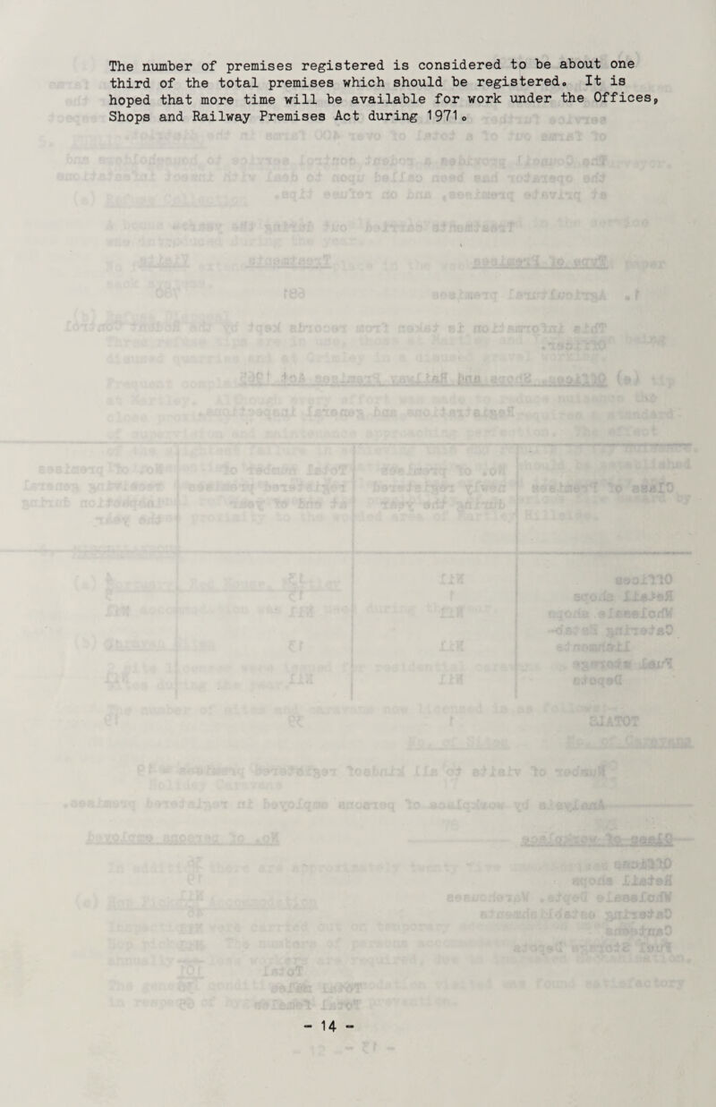 The number of premises registered is considered to be about one third of the total premises which should be registered. It is hoped that more time will be available for work under the Offices, Shops and Railway Premises Act during 1971o