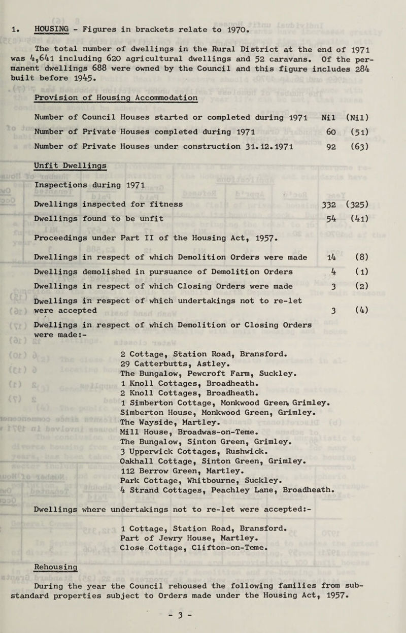 1. HOUSING - Figures in brackets relate to 1970. The total number of dwellings in the Rural District at the end of 1971 was 4,64l including 620 agricultural dwellings and 52 caravans. Of the per¬ manent dwellings 688 were owned by the Council and this figure includes 284 built before 1945. Provision of Housing Accommodation Number of Council Houses started or completed during 1971 Nil (Nil) Number of Private Houses completed during 1971 60 (5l) Number of Private Houses under construction 31-12.1971 92 (63) Unfit Dwellings Inspections during 1971 Dwellings inspected for fitness 332 (325) Dwellings found to be unfit 54 (4l) Proceedings under Part II of the Housing Act, 1957* Dwellings in respect of which Demolition Orders were made l4 (8) Dwellings demolished in pursuance of Demolition Orders 4 (l) Dwellings in respect of which Closing Orders were made 3 (2) Dwellings in respect of which undertakings not to re-let were accepted 3 (4) Dwellings in respect of which Demolition or Closing Orders were mades- 2 Cottage, Station Road, Bransford. 29 Catterbutts, Astley. The Bungalow, Pewcroft Farm, Suckley. 1 Knoll Cottages, Broadheath. 2 Knoll Cottages, Broadheath. 1 Simberton Cottage, Monkwood Green, Grimley. Simberton House, Monkwood Green, Grimley. The Wayside, Martley. Mill House, Broadwas-on-Teme. The Bungalow, Sinton Green, Grimley. 3 Upperwick Cottages, Rushwick. Oakhall Cottage, Sinton Green, Grimley. 112 Berrow Green, Martley. Park Cottage, Whitbourne, Suckley. 4 Strand Cottages, Peachley Lane, Broadheath. Dwellings where undertakings not to re-let were accepted:- 1 Cottage, Station Road, Bransford. Part of Jewry House, Martley. Close Cottage, Clifton-on-Teme. Rehousing During the year the Council rehoused the following families from sub¬ standard properties subject to Orders made under the Housing Act, 1957-