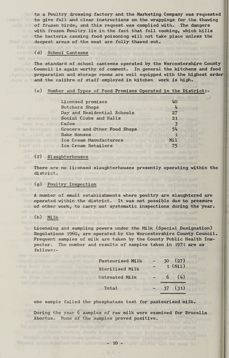 to a Poultry dressing factory and the Marketing Company was requested to give full and clear instructions on the wrappings for the thawing of frozen birds, and this request was complied with. The dangers with frozen Poultry lie in the fact that full cooking, which kills the bacteria causing food poisoning will not take place unless the deepest areas of the meat are fully thawed out. (d) School Canteens The standard of school canteens operated by the Worcestershire County Council is again worthy of comment. In general the kitchens and food preparation and storage rooms are well equipped with the highest order and the calibre of staff employed in kitchen work is high. (e) Number and Types of Food Premises Operated in the Districts- Licensed premises 40 Butchers Shops 4 Day and Residential Schools 27 Social Clubs and Halls 21 Cafes 3 Grocers and Other Food Shops 5^ Bake Houses 1 Ice Cream Manufacturers Nil Ice Cream Retailers 75 (f) SIaughterhouses There are no licensed slaughterhouses presently operating within the district. (g) Poultry Inspection A number of small establishments where poultry are slaughtered are operated within the district. It was not possible due to pressure of other work, to carry out systematic inspections during the year. (h) Milk Licensing and sampling powers under the Milk (Special Designation) Regulations i960, are operated by the Worcestershire County Council. Frequent samples of milk are taken by the County Public Health Ins¬ pector. The number and results of samples taken in 1971 are as follows s- Pasteurised Milk Sterilised Milk 30 (27) 1 (Nil) Untreated Milk - 6 (4) Total 37 (31) one sample failed the phosphatase test for pasteurised milk. During the year 6 samples of raw milk were examined for Brucella Abortus. None of the samples proved positive.