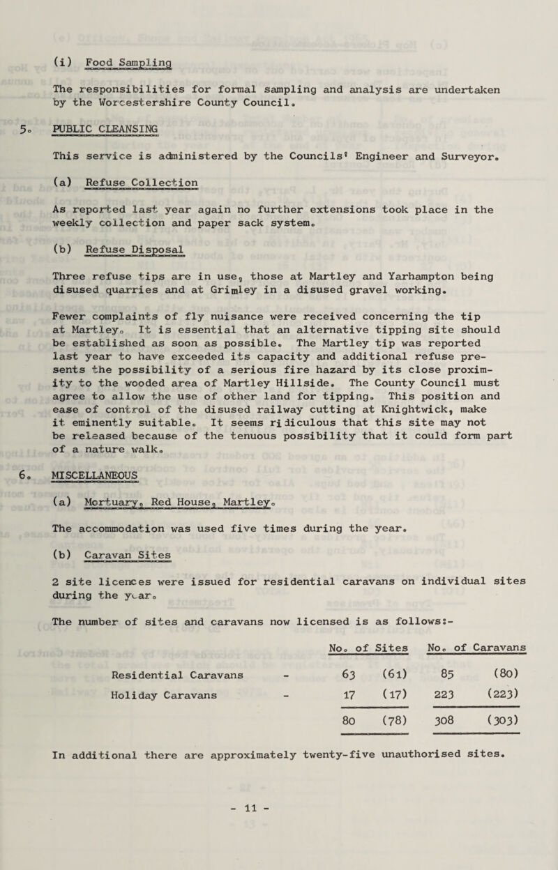 (i) Food Sampling The responsibilities for formal sampling and analysis are undertaken by the Worcestershire County Council. 5o PUBLIC CLEANSING This service is administered by the Councils5 Engineer and Surveyor. (a) Refuse Collection As reported last year again no further extensions took place in the weekly collection and paper sack system. (b) Refuse Disposal Three refuse tips are in use, those at Martley and Yarhampton being disused quarries and at Grimley in a disused gravel working. Fewer complaints of fly nuisance were received concerning the tip at Martley. It is essential that an alternative tipping site should be established as soon as possible. The Martley tip was reported last year to have exceeded its capacity and additional refuse pre¬ sents the possibility of a serious fire hazard by its close proxim¬ ity to the wooded area of Martley Hillside. The County Council must agree to allow the use of other land for tipping. This position and ease of control of the disused railway cutting at Knightwick, make it eminently suitable. It seems ridiculous that this site may not be released because of the tenuous possibility that it could form part of a nature walk. 6. MISCELLANEOUS (a) Mortuary,, Red House, Martley. The accommodation was used five times during the year. (b) Caravan Sites 2 site licences were issued for residential caravans on individual sites during the y^ar. The number of sites and caravans now licensed is as followss- No. of Sites No. of Caravans Residential Caravans __ 63 (61) 85 (80) Holiday Caravans - 17 (17) 223 (223) 8o (78) 308 (303) In additional there are approximately twenty-five unauthorised sites.