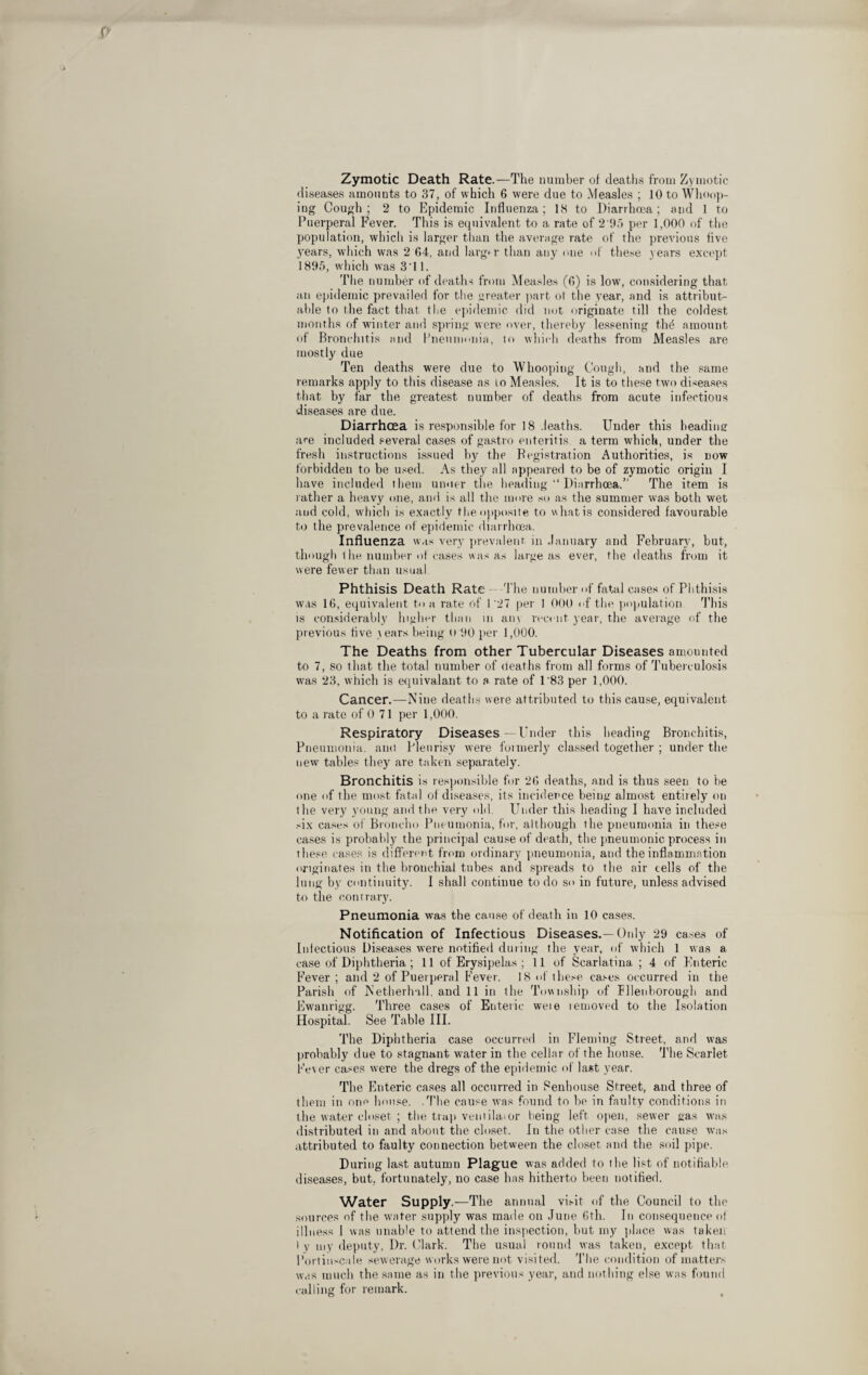 Zymotic Death Rate.—The number of deaths from Zymotic diseases amounts to 37, of which 6 were due to Measles ; 10 to Whoop¬ ing Cough; 2 to Epidemic Influenza; 18 to Diarrhoea; and 1 to Puerperal Fever. This is equivalent to a rate of 2'95 per 1,000 of the population, which is larger than the average rate of the previous five years, which was 2 64, and largu' than any one of these years except 1895, which was 3'11. The number of deaths from Measles (0) is low, considering that an epidemic prevailed for the greater part ot the year, and is attribut¬ able to the fact that the epidemic did not originate till the coldest months of winter and spring were over, thereby lessening thd amount of Bronchitis and Pneumonia, to which deaths from Measles are mostly due Ten deaths were due to Whooping Cough, and the same remarks apply to this disease as to Measles. It is to these two diseases that by far the greatest number of deaths from acute infectious diseases are due. Diarrhoea is responsible for 18 .ieaths. Under this heading are included several cases of gastro enteritis, a term which, under the fresh instructions issued by the Registration Authorities, is now forbidden to be used. As they all appeared to be of zymotic origin I have included them unuer the heading “ Diarrhoea. The item is rather a heavy one, and is all the more so as the summer was both wet and cold, which is exactly the opposite to what is considered favourable to the prevalence of epidemic diarrhoea. Influenza was very prevalent in January and February, but, though 1 he number of cases was as large as ever, the deaths from it were fewer than usual Phthisis Death Rate The number of fatal cases of Phthisis was 16, equivalent to a rate of P27 per 1 000 of the population This is considerably higher than in au\ recent year, the average of the previous five tears being 0 90 per 1,000. The Deaths from other Tubercular Diseases amounted to 7, so that the total number of deaths from all forms of Tuberculosis was 23, which is equivalant to a rate of 1 ‘83 per 1,000. Cancer.—Nine deaths were attributed to this cause, equivalent to a rate of 0 71 per 1,000. Respiratory Diseases—Under this heading Bronchitis, Pneumonia, and Pleurisy were formerly classed together ; under the new tables they are taken separately. Bronchitis is responsible for 26 deaths, and is thus seen to be one of the most fatal of diseases, its incidence being almost entirely on the very young and the very old. Under this heading I have included six cases of Broncho Pneumonia, for, although the pneumonia in these cases is probably the principal cause of death, the pneumonic process in these cases is different from ordinary pneumonia, and the inflammation originates in the bronchial tubes and spreads to the air cells of the lung by continuity. I shall continue to do so in future, unless advised to the contrary. Pneumonia was the cause of death in 10 cases. Notification of Infectious Diseases.—Only 29 cases of Infectious Diseases were notified during the year, of which 1 was a case of Diphtheria ; 11 of Erysipelas ; 11 of Scarlatina ; 4 of Enteric Fever; and 2 of Puerperal Fever. 18 of these cases occurred in the Parish of Netherhall. and 11 in the Township of Fllenborough and Ewanrigg. Three cases of Enteric wete teuioved to the Isolation Hospital. See Table III. The Diphtheria case occurred in Fleming Street, and was probably due to stagnant water in the cellar of the house. The Scarlet Fever cases were the dregs of the epidemic of last year. The Enteric cases all occurred in Senhouse Street, and three of them in one house. .The cause was found to be in faulty conditions in the water closet ; the trap ventilator being left open, sewer gas was distributed in and about the closet. In the other case the cause was attributed to faulty connection between the closet and the soil pipe. During last autumn Plague was added to the list of notifiable diseases, but, fortunately, no case has hitherto been notified. Water Supply.—The annual visit of the Council to the sources of the water supply was made on June 6th. In consequence of illness 1 was unable to attend the inspection, but my place was taken l y my deputy, Dr. Clark. The usual round was taken, except that Portinscale sewerage works were not visited. The condition of matters was much the same as in the previous year, and nothing else was found calling for remark.