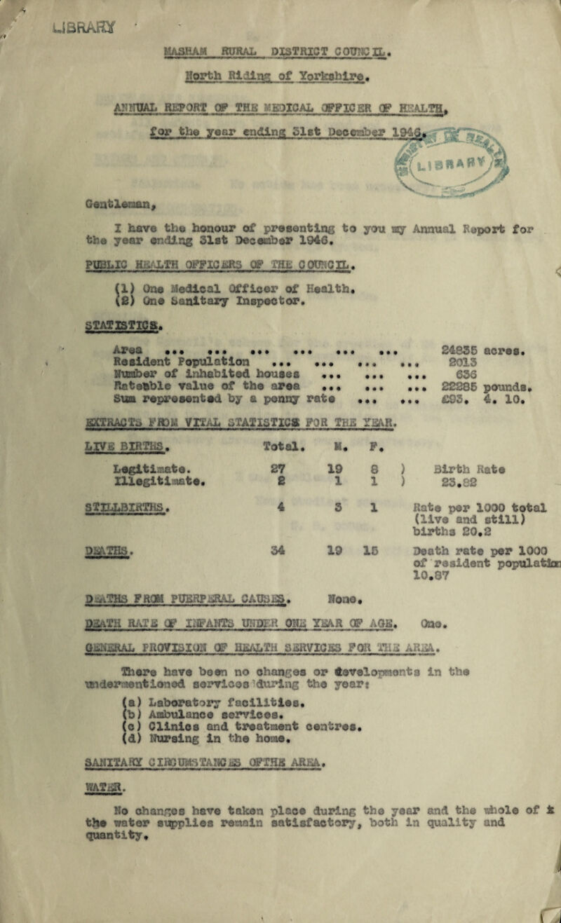 UBRATOT MASHAM RURAL DISTRICT COTITIC IL# Horth Rldliy^ of Yorkahlr^. ARNW. REPORT OT THE r^KDICAL OPPICER OP HlvAJuTH^ I hfive tho honour of presenting to you «y Annual Report for the year ending Slst Deceiaber 1946. PUBLIC Cff XTiE COTICIL , (X) One Medical Officer of Health. i6) One Sanitary Inspector. STATISTIC&. ■> < Area ••• •*. •*. ... ... Resident Populotlon ... ... Nuniber of inhabited houses ... Rateable Talue of the area ••• SUM represented by a penny rats ... • •. • •. ... ... •. • .«. •«. ... 24855 acres. 2013 656 22285 pounds. £95. 4. 10. BXTRACTS FfPM VriAL STATISTICS FOR TKi; YliAR. LIVE BIRTIiS. Total. P. Lsgltimate* 27 19 8 ) Birth Rate lUsgitlmate. 2 1 1 ) 23.82 STILLBIRTHS. 4 3 1 Rate per 1090 total (live and still) births 20.2 OL^THS, 34 19 15 Death rate per 1000 of resident populatloi 10.87 DRATHS PROM PUERPERAL OAtJSii^. None • QgATH RivT£ cy IliFAHTS UIIDI-R OHi^ YEAR (g AQB. Oao. QgMSRAL FllPyiSIOa Qg HSALTH SaiWICSS FOR TIU ARx^V. 13)sre have been no ohanges or developnonta in the xftidermentioned serrlcos'during the yoart (a) Laboratory facilities. (b) Aab\]lance sez^iees. (o) Clinics and treatment centres. (d) Nursing in the home. SANITARY CI»;iB.lSTANQiiS OFTHK ARBA. WATijgt. No changes have taken place duzdng the year and the Tibole of A the eater 8i:q;>plle8 remain satisfactory, both in quality and quantity. i n