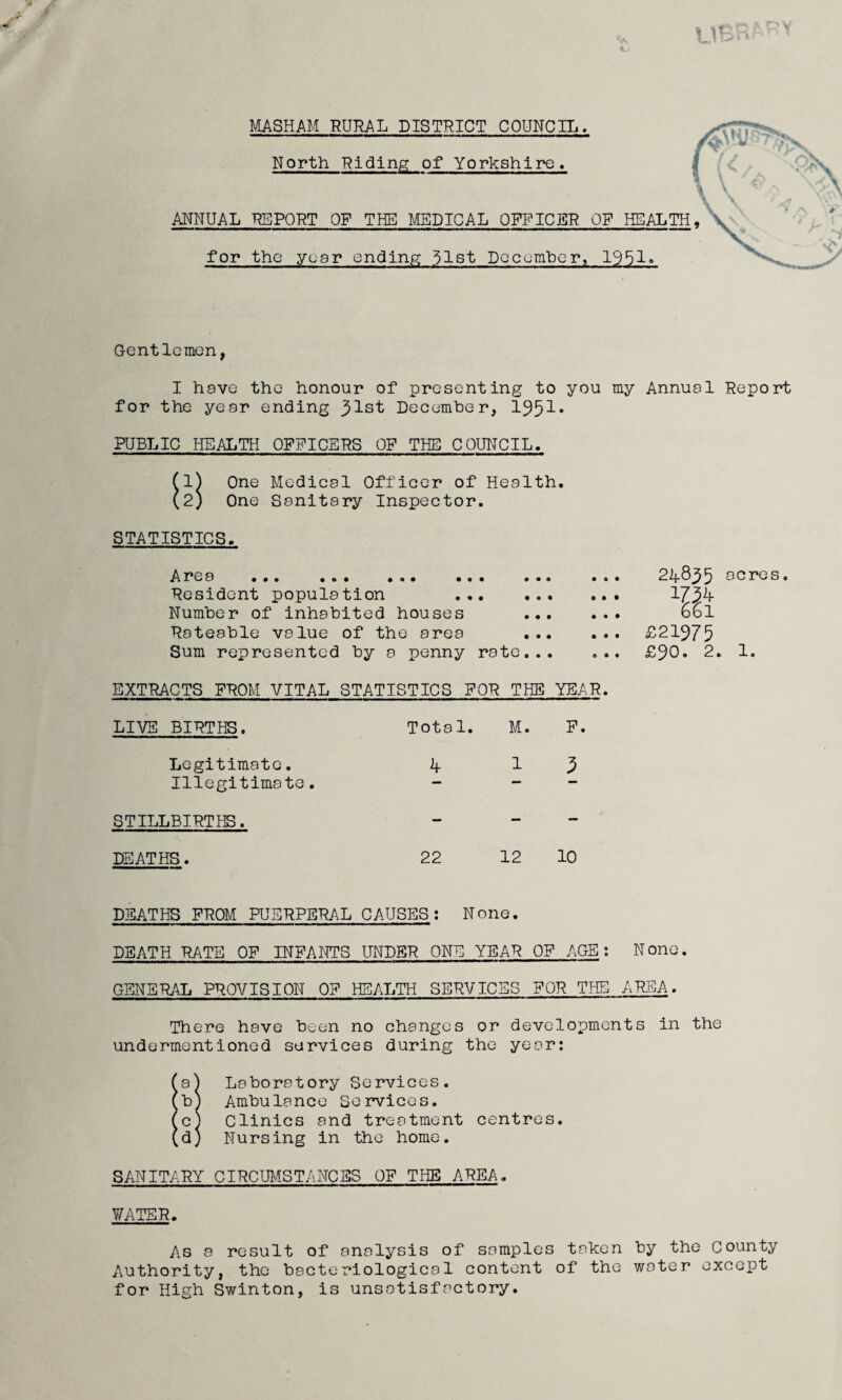 MASHAM RURAL DISTRICT COUNCIL North Riding of Yorkshire. ANNUAL REPORT OF THE MEDICAL OFFICER OF HEALTH for the year ending 31st Docomber, 1351° Gentlemen, I have the honour of presenting to you my Annual Report for the year ending Jlst December, 1951* PUBLIC HEALTH OFFICERS OF THE COUNCIL. (1) One Medical Officer of Health. (2) One Sanitary Inspector. STATISTICS. A rea ... ... ... ... ... Resident population . Number of inhabited houses ... Rateable value of the area ... Sum represented by a penny rate... o • • • • • • • • O O 9 acres 24855 V34 66 1 £21975 £90. 2. 1. EXTRACTS FROM VITAL STATISTICS FOR THE YEAR. LIVE BIRTHS. Total. M. P. Legitimate. 4 1 5 Illegitimate. - - STILLBIRTHS. - - DEATHS. 22 12 10 DEATHS FROM PUERPERAL CAUSES; None. DEATH RATE OF INFANTS UNDER ONE YEAR OF AGE: N one. GENERAL PROVISION OF HEALTH SERVICES FOR THE AREA. There have been no changes or developments in the undermentioned services during the year: fa} Laboratory Services. (b) Ambulance Services. (c) Clinics and treatment centres. (d) Nursing in the home. SANITARY CIRCUMSTANCES OF THE AREA. WATER. As a result of analysis of samples taken by the county Authority, the bacteriological content of the water except for High Swinton, is unsatisfactory.