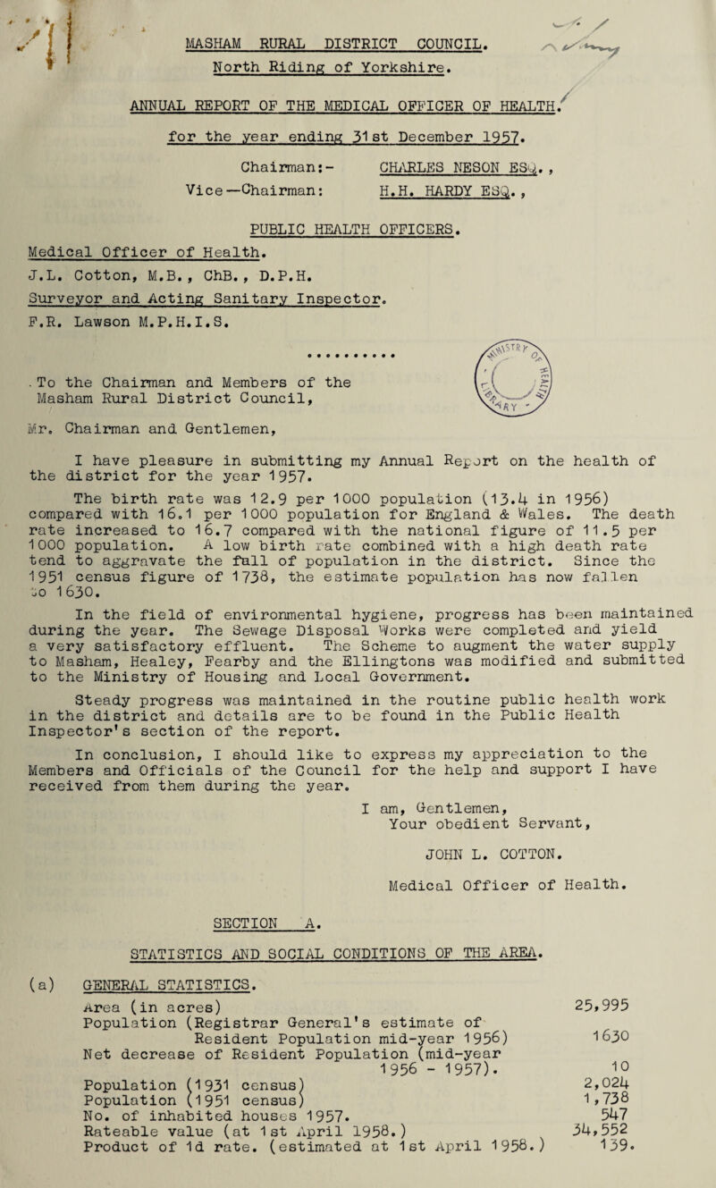 MASHAM RURAL DISTRICT COUNCIL. -, North Riding; of Yorkshire* ANNUAL REPORT OF THE MEDICAL OFFICER OF HEALTH/ for the year ending 31 st December 1957. Chairman:- CHARLES NESQN ESQ., Vice-Chairman: H.H. HARDY ESQ. . PUBLIC HEALTH OFFICERS. Medical Officer of Health. J.L. Cotton, M.B. , ChB., D.P.H. Surveyor and Acting Sanitary Inspector, P.R. Lawson M.P.H.I.S. . To the Chairman and Members of the Masham Rural District Council, Mr. Chairman and Gentlemen, I have pleasure in submitting my Annual Report on the health of the district for the year 1957. The birth rate was 12.9 per 1000 population (13.4 in 1956) compared with 16.1 per 1000 population for England & vital es. The death rate increased to 16.7 compared with the national figure of 11.5 per 1000 population. A low birth rate combined with a high death rate tend to aggravate the fall of population in the district. Since the 1951 census figure of 1738, the estimate population has now fallen jO 1 630. In the field of environmental hygiene, progress has been maintained during the year. The Sewage Disposal Works were completed and yield a very satisfactory effluent. The Scheme to augment the water supply to Masham, Healey, Pearby and the Ellingtons was modified and submitted to the Ministry of Housing and Local Government. Steady progress was maintained in the routine public health work in the district and details are to be found in the Public Health Inspector’s section of the report. In conclusion, I should like to express my appreciation to the Members and Officials of the Council for the help and support I have received from them during the year. I am, Gentlemen, Your obedient Servant, JOHN L. COTTON. Medical Officer of Health. SECTION A. STATISTICS AND SOCIAL CONDITIONS OF THE AREA, (a) GENERAL STATISTICS. Area (in acres) 25>995 Population (Registrar General’s estimate of Resident Population mid-year 1956) 1630 Net decrease of Resident Population (mid-year 1956 - 1957). 10 Population (1931 census) 2,024 Population (1951 census) 1>738 No. of inhabited houses 1957. 547 Rateable value (at 1st April 1958.) 34»552 Product of Id rate, (estimated at 1st April 1958.) 139«