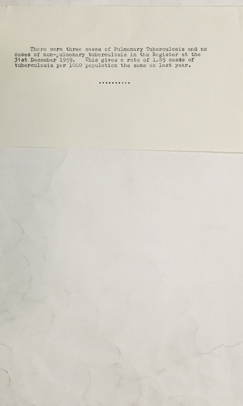 There were three cases of Pulmonary Tuberculosis and no cases of non-j-ulmonary tuberculosis in the Register at the 31st December 1959« 'I'his gives a rate of 1.85 casds of tuberculosis per 1000 population the same as last year.