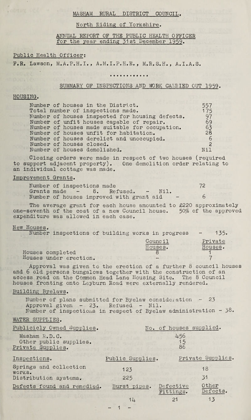MASHAM RURAL DISTRICT COUNCIL. North Riding of Yorkshire, ANNUAL REPORT OF THE PUBLIC HEALTH OFFICER for the year ending 31st December 1959. Public Health Officer; P.R. Lawson, M.A.P.H.I., A.M.I.P.H.E., M.R.S.H., A.I.A.S. SUMMARY OF INSPECTIONS AND WORK CALEIED OUT 1959. HOUSING. Number of houses in the District, 557 Total number of inspections made. 175 Number of houses inspected for housing defects. 97 Number of unfit houses capable of repair. 69 Number of houses made suitable for occupation, 63 Number of houses unfit for habitation. 28 Number of houses derelict and unoccupied. 6 Number of housds closed, 2 Number of houses demolished. Nil Closing orders were made in respect of two houses (req.uired to support adjacent property). One demolition order relating to an individual cottage was made. Improvement Grants. Number of inspections made 72 Grants made - 8, Refused. - Nil. Number of houses improved with grant aid - 6 The average grant for each house amounted to £220 approximately one-seventh of the cost of a new Council house. 50% of the approved expenditure was allowed in each case. New Houses. Number inspections of building works in progress - 135. Council Private Houses. Houses, Houses completed B 1 Houses under erection. - 7 Approval was given to the erection of a further 8 council houses and 6 old persons bungalows together with the construction of an access road on the Common Head Lane Housing Site. The 8 Council houses fronting onto Leyburn Road were externally rendered. Building Byelaws. Number of plans submitted for Byelaw consideiation - 23 Approval given - 23. Refused - Nil. Number of inspections in respect of Byelaw administration - 38. WATER SUPPLIES. Publicicly Owned Supplies, No. of houses supplied. Masham R.D.C. 456 Other public supplies. 15 Private Supplies. 86 Inspections. Public Supplies , Private Supplies Springs and collection 1 23 18 works. Distribution systems. 225 31 Defects found and remedied. Burst pipes. Defective Other Fittings. Defects, 14 21 13