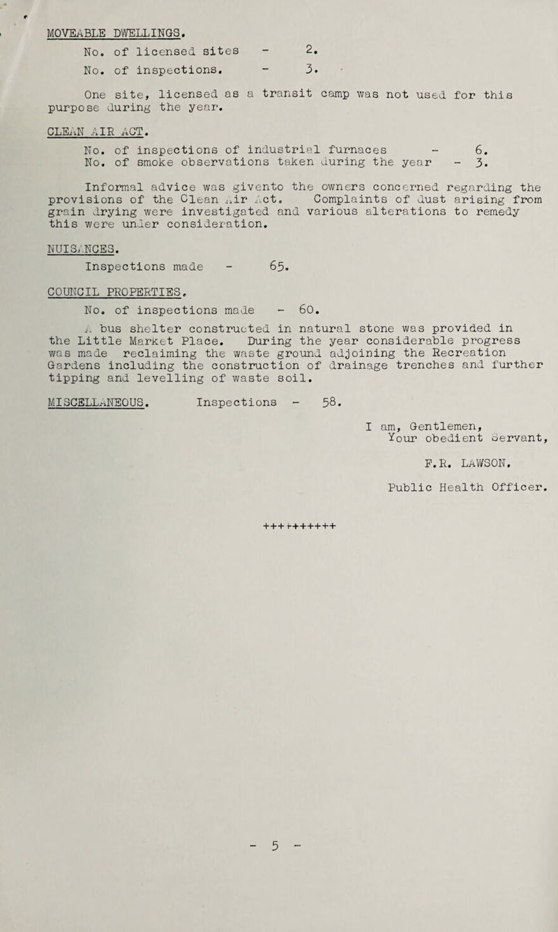 MOVEABLE DWELLINGS, No. of licensed sites No. of inspections. One site, licensed as a transit camp was not used for this purpose during the year. CLEiiN AIR ACT. No. of inspections of industrial furnaces - 6. No. of smoke observations taken during the year - 3. Informal advice was givento the owners concerned regarding the provisions of the Clean i^ir Act. Complaints of dust arising from grain drying were investigated and various alterations to remedy this were under consideration, nuis,;nges. Inspections made - 65o COUNCIL PROPERTIES. No. of inspections made - 60. i. bus shelter constructed in natural stone was provided in the Little Market Place. During the year considerable progress was made reclaiming the waste ground adjoining the Recreation Gardens including the construction of drainage trenches and further tipping and levelling of waste soil. MI SCELL-fiNEOUS. Inspections - 58. 2. 3. • I am, Gentlemen, Your obedient aervant p.R. Lawson. Public Health Officer +++ f++++++