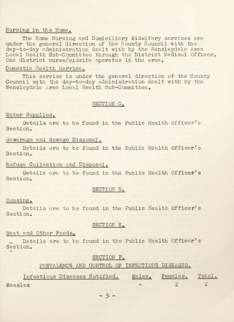 Nursing in the Home, The Home Nursing and Domiciliary Midwifery services are under the general direction of the County Council with the day-to-day administration dealt with by the Wensleydale Area Local Health Sub-Committee through the District Medical Officer* One district nurse/midwife operates in the area. Domestic Health Service. This service is under the general direction of the County Council with the day-to-day administration dealt with by the Wensleydale Area Local Health Sub-Committee. SECTION C. Water Supplies. Details are to be found in the Public Health Officer’s Section. Sewerage and Sewage Disposal. Details are to be found in the Public Health Officer’s Section. Refuse Collection and Disposal. Details are to be found in the Public Health Officer’s Section. SECTION D. Housing. Details are to be found in the Public Health Officer’s Section. SECTION E. Meat and Other Foods. ^ Details are to be found in the Public Health Officer’s Section. SECTION F. PREVALENCE AND CONTROL OF INFECTIOUS DISEASES. Infectious Diseases Notified. Males. Females. Total. Measles