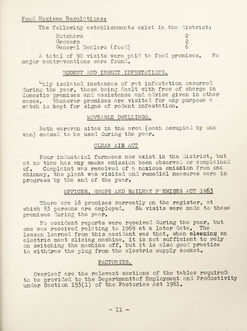 Food Hygiene Regulations: The following establishments exist in the district: Butchers 2 Grocers 2 General Dealers (food) 6 A total of 90 visits were paid to food premises,, No major contraventions were found. DDDENT AND INSECT INFESTATIONS, unly isolated instances of rat infestation occurred during the year, these being dealt with free of charge in domestic premises and assistance and advice given in other cases. Whenever premises are visited for any purpose a watch is kept for signs of rodent infestation. MOVEABLE DWELLINGS. Both caravan sites in the area (each occupied by one van) ceased to be used during the year. CLEAN AIR ACT Four industrial furnaces now exist in the district, but at no time has any smoke emission been observed or complained of. Complaint was received of a noxious emission from one chimney, the plant was visited and remedial measures were in progress by the end of the year. OFFICES. SHOPS AND RAILWAY PREMISES ACT 19.63 There are 18 premises currently on the register, at which 83 persons are employed. 84 visits were made to these premises during the year. No accident reports were received during the year, but one was received relating to 19&9 at a later date. The lesson learned from this accident was that, when cleaning an electric meat slicing machine, it is not sufficient to rely on switching the machine off, but it is also good practice to withdraw the plug from the electric supply socket * FACTORIES. Overleaf are the relevant sections of the tables requiredc to be provided to the Departmenttof Employment and Productivity under Section 153(1) of the Factories Act 1961. 11