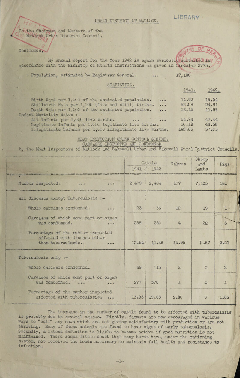 URB,iN DISTRICT OF MaTLOCK. LIBRARY To the Chairman and Members of the Gentlemen, block Urb^n District Council, / f <-7 ( My Annual Report for the Year 1942 is again seriously curtailed in accordance with the Ministry of Health instructions as given in Circular 2773, Population, estimated by Registrar General, oTATISTICS. 17,180 • • * Birth Ratd. per 1,000 of the estimated population. Stillbirth Rate per 1,000 (live and still) births. Death Rato per 1,000 of the estimated population. Infant Mortality Ratos All Infants per 1,000 live births. ... ... • Legitimate Infants per 1,000 legitimate live births. Illegitimate Infants per 1,0.00 illegitimate live births. 1941. 1942 14.92 15.94 52.08 24.91 12.15 11.99 54.94 47.44 50.19 48.58 142.85 37.03 MOAT INSPECTION UNDER CONTROL SCHEME. CARCASES INSPECTED AND CONDEMNED by the Moat Inspectors of Matlock and Bakowell Urban and Bakewoll Rural District Councils. C attie 1941 f 1942 i T Number Inspected» 2,479 2,494 t 1 Calves Sheep and Lambs Pigs 107 7,135 181 All disoasos except Tuberculosis Whole carcases condemned, 23 56 12 Carcases of which some part or organ was condemned. ... 288 230 4 Percentage of the number inspected affected with disease other than tuberculosis. ... Tuberculosis only Whole carcases condemned. Carcases of which some part or organ was condemned * ... ... Percentage of the number inspected affected with tuberculosis. 12.54' 11*46 69 • 115 277 376 13.95 19.68 14.95 -- 19 22 0.57 2.80 2.21 1*65 The increase in tho number of cattle found to bo affocted with tuberculosis is probably duo to several causes. Firstly, farmers aro now encouraged in various ways to cull any cows which aro not giving satisfactory milk production or aro not thriving. Many of these animals aro found to have signs of early tuberculosis. Secondly, a latent infection is liable to become active if good nutrition is not maintained. There seems little doubt that many herds have, under the rationing system, not received the foods necessary to maintain full health and resistance to infection*