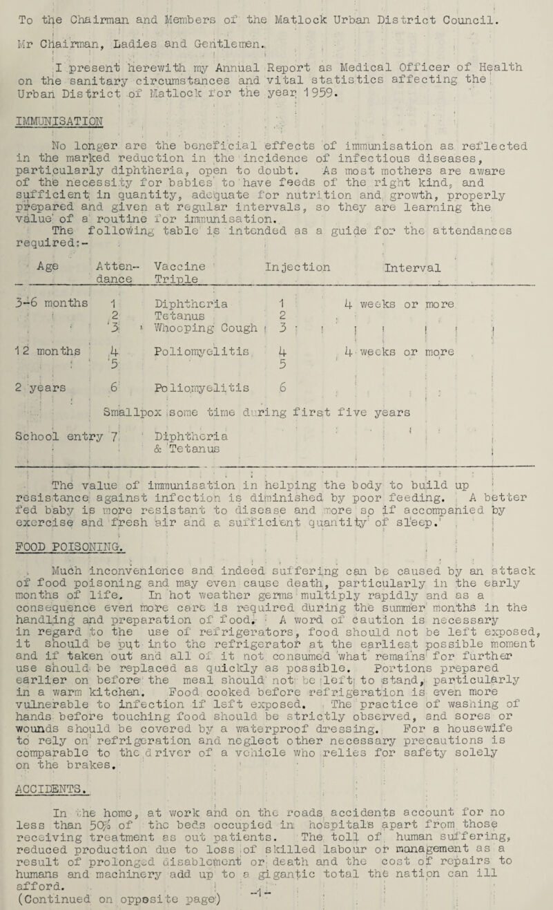 To ttj.e Chairman and. Members of the Matlock Urban District Council. | ; ; ! . , i •’ • ■ '■ ; . ; * • . / • Mr Chairman, Ladies and Gentlemen., ; ... i 1 I present herewith my Annual Report as Medical Officer of Health on the sanitary circumstances and vital statistics affecting the Urban District .of Matlock for the year 1959. i : i • V » IMMUNISATION | i , | ' • * • ■ i t No longer are the beneficial effects of immunisation as reflected in the marked reduction in the incidence of infectious diseases, particularly diphtheria, open to doubt. As most mothers are aware of the necessity for babies' to have feeds of the right kind, and sufficient: in quantity, adequate for nutrition and: growth, properly prepared and given at regular intervals, so they are learning the value’ of a routine for immunisation.. The following table is intended as a guide for the attendances required;- Age Atten¬ dance Vaccine Triple Injection Interval 3-6 months 1 Diphtheria 1 4 weeks or more 2 Tetanus 2 1 3; ■ Whooping Cough ! 3 ; | 1 1 ! 12 months .4 Poliomyelitis. 4 4 weeks or more i 1 ’5 5 2 years 6 Po liomyelitis .6 Smallpox .some time during first five years » • ' • School entry 7 Diphtheria & Tetanus The value of immunisation in helping the body to build up resistance against infection is diminished by poor feeding. A better fed baby is more resistant to disease and more so if accompanied by exercise and fresh air and a sufficient quantity' of sl'eep,' FOOD POISONING. ; | | Much inconvenience and indeed suffering can bp caused by an attack of food poisoning and may even cause death, particularly in the early months of life. In hot weather germs:multiply rapidly and as a consequence even more care is required during the summer months in the handling and preparation of food,- • A word of Caution is necessary in regard to the use of refrigerators, food should not be left exposed, it should be pqt into the refrigerator at the earliest possible moment and if taken out' and all of it not consumed, what’ remains' for further use should’ be replaced as quickly as possible. Portions prepared earlier on before'the meal should' not:be left- to stand, particularly in a warm kitchen. Food cooked before refrigeration is even more vulnerable to infection if left exposed, , The practice of washing of hands before touching food should be strictly observed, and sores or wounds should be covered by a waterproof dressing. For a housewife to rely on: refrigeration and neglect other necessary precautions is comparable to the.driver of a vehicle who relies for safety solely on the brakes, 'i» . * ACCIDENTS. In the home, at work and on the roads, accidents account for no less than 3Q?o of the beds occupied in. hospital's apart from those receiving treatment as out patients. The: toll of, human Suffering, reduced production due to loss of skilled labour or manajgement as a result of prolonged disablement on death and the cost of repairs to humans and machinery add up to a gigantic total the nation can ill afford. j iL ! (Continued on oppssite page’)