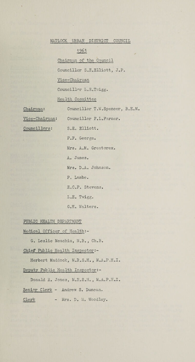 MATLOCK URBAN DISTRICT COUNCIL 1%3 Chairman of the Council Councillor S.E.Elliott, J.P. Vice-Chairman Councillor L.E.Twigg. Health Committee Chairman: Councillor T0W•Spencer, B„E.M. Vice-Chairman: Councillor F.L.Farmer. Councillors: S„E„ Elliott. P.F. George. Mrs. AoM. Greatorex. A. James. Mrs. D.Ao Johnson. P o Lambe. E.C.P. Stevens. L.E. Twigg. G.H. Walters. PUBLIC HEALTH DEPARTMENT Medical Officer of Health:- Go Leslie Meachim, M.B., Ch.B. Chief Public Health Inspector:- Herbert Maddock, M.R.S.H. , M.A.P.H.I. Deputy Public Health Inspector:- Donald R. Jones, M.R.S.H., M.A.P.H.I. Senior Clerk - Andrew S. Duncan.