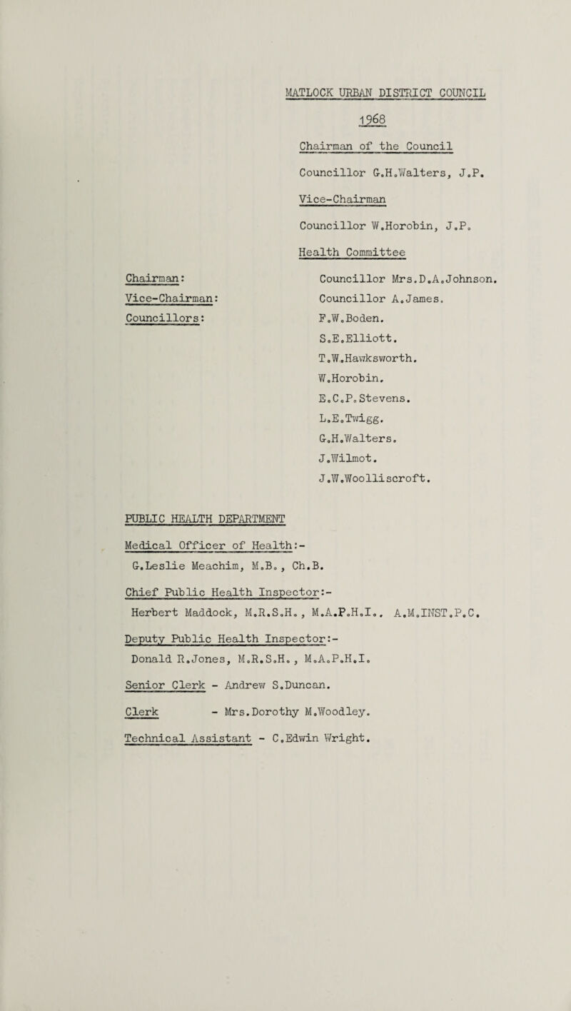 MATLOCK URBAN DISTRICT COUNCIL Chairman: Vice-Chairman: Councillors: 1968 Chairman of the Council Councillor G.H.Walters, J.P. Vice-Chairman Councillor W.Horobin, J„P0 Health Committee Councillor Mrs.D.A0Johnson. Councillor A.James. F. W.Boden. SoE.Elliott. T.W.Hawksworth. WoHorobin. E.C.P. Stevens. L.E.Twigg. G. H.Y/alters. J.Wilmot. J .W.Woolliscroft. PUBLIC HEALTH DEPARTMENT Medical Officer of Health:- G.Leslie Meachim, M.B„, Ch.B. Chief Public Health Inspector Herbert Maddock, M.R.S.H., M.A.P.H.I.. A.M.INST.P.C. Deputy Public Health Inspector Donald R.Jones, M.R.S.H., M.A.P.H.I. Senior Clerk - Andrew S.Duncan. Clerk - Mrs.Dorothy M.Woodley. Technical Assistant - C.Edwin Wright