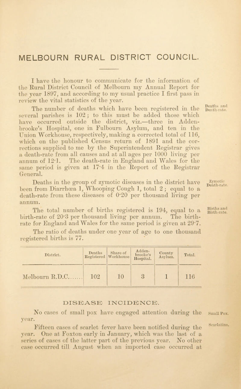 MELBOURN RURAL DISTRICT COUNCIL, I have the honour to communicate for the information of the Rural District Council of Melbourn my Annual Report for the year 1897, and according to my usual practice I first pass in review the vital statistics of the year. The number of deaths which have been registered in the several parishes is 102 ; to this must be added those which have occurred outside the district, viz.—three in Adden- brooke’s Hospital, one in Fulbourn Asylum, and ten in the Union Workhouse, respectively, making a corrected total of 116, which on the published Census return of 1891 and the cor¬ rections supplied to me by the Superintendent Registrar gives a death-rate from all causes and at all ages per 1000 living per annum of 12*1. The death-rate in England and Wales for the same period is given at 17*4 in the Report of the Registrar General. Deaths in the group of zymotic diseases in the district have been from Diarrhoea 1, Whooping Cough 1, total 2 ; equal to a death-rate from these diseases of 0*20 per thousand living per annum. The total number of births registered is 194, equal to a birth-rate of 20*3 per thousand living per annum. The birth¬ rate for England and Wales for the same period is given at 29'7. The ratio of deaths under one year of age to one thousand registered births is 77. District. Deaths Registered Share of Workhouse Adden- brooke’s Hospital. County Asylum. Total. Melbourn R.D.C. 102 10 3 1 116 DISEASE INCIDENCE. No cases of small pox have engaged attention during the year. Fifteen cases of scarlet fever have been notified during the year. One at Foxton early in January, which was the last of a series of cases of the latter part of the previous year. No other case occurred till August when an imported case occurred at Deaths and Death-rate. Zymotic Death-rate. Births and Birth-rate. Small Fox. Scarlatina.