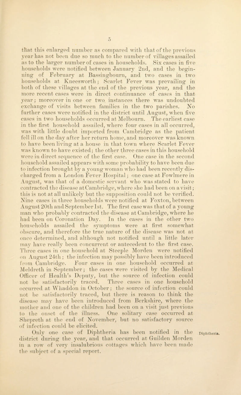 that tliis enlarged number as compared with that of the previous year has not been due so much to the number of villages assailed as to the larger number of cases in households. Six cases in five households were notified between January 2nd, and the begin¬ ning of February at Bassingbourn, and two cases in two households at Kneesworth; Scarlet Fever was prevailing in both of these villages at the end of the previous year, and the more recent cases were in direct continuance of cases in that vear ; moreover in one or two instances there was undoubted exchange of visits between families in the two parishes. No further cases were notified in the district until August, when five cases in two households occurred at Melbourn. The earliest case in the first household assailed, where four cases in all occurred, was with little doubt imported from Cambridge as the patient fell ill on the day after her return home, and moreover was known to have been living at a house in that town where Scarlet Fever was known to have existed; the other three cases in this household were in direct sequence of the first case. One case in the second household assailed appears with some probability to have been due to infection brought by a young woman who had been recently dis¬ charged from a London Fever Hospital; one case at Fowlmere in August, was that of a domestic servant who was stated to have contracted the disease at Cambridge, where she had been on a visit; tliis is not at all unlikely but the supposition could not be verified. Nine cases in three households were notified at Foxton, between August 20th and September 1st. The first case was that of a young man who probably contracted the disease at Cambridge, where he had been on Coronation Dav. In the cases in the other two households assailed the symptoms were at first somewhat obscure, and therefore the true nature of the disease was not at once determined, and although not notified until a little later may have really been concurrent or antecedent to the first case. Three cases in one household at Steeple Morden were notified 011 August 24th ; the infection may possibly have been introduced from Cambridge. Four cases in one household occurred at Meldreth in September; the cases were visited by the Medical Officer of Health's Deputy, but the source of infection could not be satisfactorily traced. Three cases in one household occurred at Whaddon in October; the source of infection could not be satisfactorily traced, but there is reason to think the disease may have been introduced from Berkshire, where the mother and one of the children had been on a visit just previous to the onset of the illness. One solitary case occurred at Shepreth at the end of November, but no satisfactory source of infection could be elicited. Only one case of Diphtheria has been notified in the district during the year, and that occurred at Gfuilden Morden in a row of very insalubrious cottages which have been made the subject of a special report. Diphtheria.