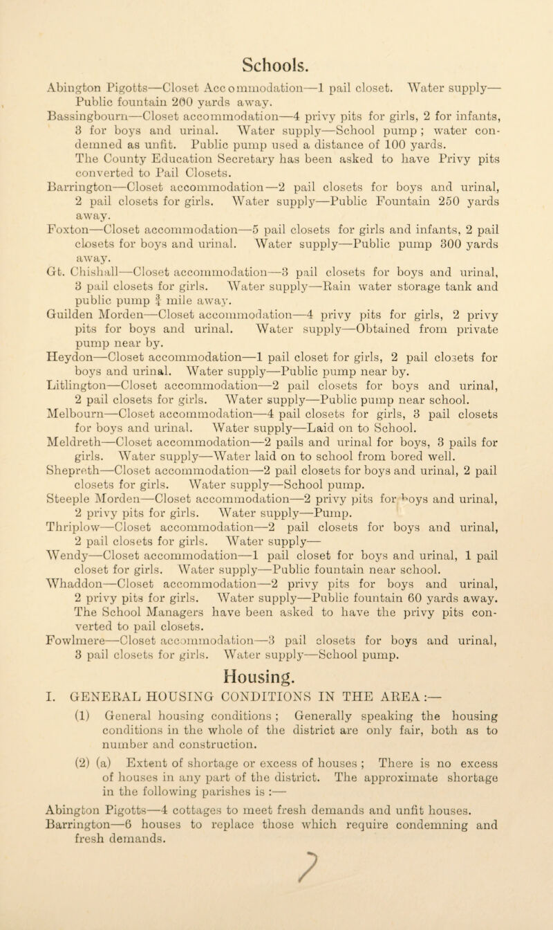 Schools. Abington Pigotts—Closet Accommodation—1 pail closet. Water supply— Public fountain 2(10 yards away. Bassingbourn—Closet accommodation—4 privy pits for girls, 2 for infants, 3 for boys and urinal. Water supply—School pump ; water con¬ demned as unfit. Public pump used a distance of 100 yards. The County Education Secretary has been asked to have Privy pits converted to Pail Closets. Barrington—Closet accommodation—2 pail closets for boys and urinal, 2 pail closets for girls. Water supply—Public Fountain 250 yards away. Foxton—Closet accommodation—5 pail closets for girls and infants, 2 pail closets for boys and urinal. Water supply—Public pump 300 yards away. Gt. Chishall—Closet accommodation—3 pail closets for boys and urinal, 3 pail closets for girls. Water supply—Rain water storage tank and public pump f mile away. Guilden Morden—Closet accommodation—4 privy pits for girls, 2 privy pits for boys and urinal. Water supply—Obtained from private pump near by. Heydon—Closet accommodation—1 pail closet for girls, 2 pail closets for boys and urinal. Water supply—Public pump near by. Litlington—Closet accommodation—2 pail closets for boys and urinal, 2 pail closets for girls. Water supply—Public pump near school. Melbourn—Closet accommodation—4 pail closets for girls, 3 pail closets for boys and urinal. Water supply—Laid on to School. Meldreth—Closet accommodation—2 pails and urinal for boys, 3 pails for girls. Water supply—Water laid on to school from bored well. Shepreth—Closet accommodation—2 pail closets for boys and urinal, 2 pail closets for girls. Water supply—School pump. Steeple Morden—Closet accommodation—2 privy pits for ^oys and urinal, 2 privy pits for girls. Water supply—Pump. Thriplow—Closet accommodation—2 pail closets for boys and urinal, 2 pail closets for girls. Water supply— Wendy—Closet accommodation—1 pail closet for boys and urinal, 1 pail closet for girls. Water supply—Public fountain near school. Whaddon—Closet accommodation—2 privy pits for boys and urinal, 2 privy pits for girls. Water supply—Public fountain 60 yards away. The School Managers have been asked to have the privy pits con¬ verted to pail closets. Fowlmere—Closet accommodation—3 pail closets for boys and urinal, 3 pail closets for girls. Water supply—School pump. Housing. I. GENERAL HOUSING CONDITIONS IN THE AREA:— (1) General housing conditions ; Generally speaking the housing conditions in the whole of the district are only fair, both as to number and construction. (2) (a) Extent of shortage or excess of houses ; There is no excess of houses in any part of the district. The approximate shortage in the following parishes is :— Abington Pigotts—4 cottages to meet fresh demands and unfit houses. Barrington—6 houses to replace those which require condemning and fresh demands.