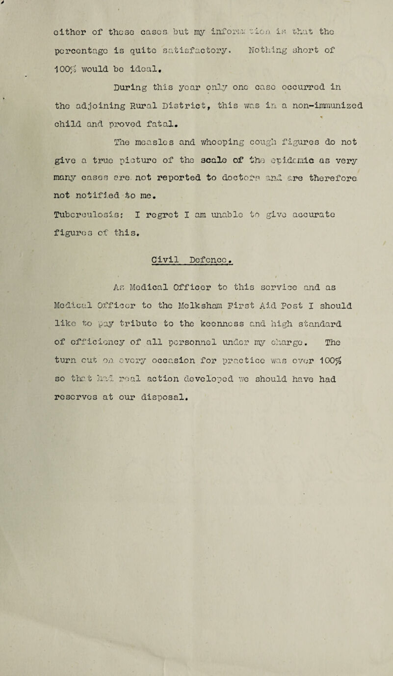 either of these eases but my inform; tion is that the percentage is quite satisfactory. Nothing short of 100$ would be ideal. During this year only one case occurred in the adjoining Rural District, this was in a non-immunized * child and proved fatal. The measles and whooping cough figures do not give a true picture of the scale of the epidemic as very many cases are. not reported to doctors and are therefore not notifled to me. Tuberculosis: I regret I am unable to give accurate figures of this. Civil Defence. As Medical Officer to this service and as Medical Officer to the Melksham First Aid Post I should like to pay tribute to the keenness and high standard of efficiency of all personnel under my charge. The turn cut on every occasion for practice was over 100$ so that had real action developed we should have had reserves at our disposal.