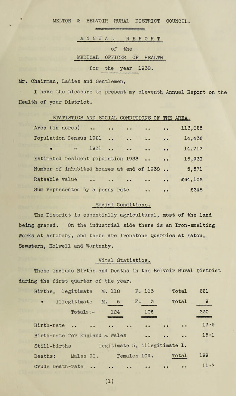 MELTON & BELVOIR RURAL DISTRICT COUNCIL ANNUAL REPORT of the MEDICAL OFFICER OF HEALTH for the year 1938. Mr. Chairman, Ladies and Gentlemen, I have the pleasure to present my eleventh Annual Report on the Health of your District. STATISTICS AND SOCIAL CONDITIONS OF THE AREA. Area (in acres) Population Census 1921 ft 1931 .. . . • • Estimated resident population 1938 Number of inhabited houses at end of 1938 Rateable value Sum represented by a penny rate 113,025 14,436 14,717 16,930 5,571 £64,102 £248 Social Conditions. The District is essentially agricultural, most of the land being grazed. On the industrial side there is an Iron-smelting Works at Asfordby, and there are Ironstone Quarries at Eaton, Sewstern, Holwell and Wartnaby. Vital Statistics. These include Births and Deaths in the Belvoir Rural District during the first quarter of the year. Births, legitimate M. 118 F. 103 Total 221 illegitimate M. 6 F. 3 Total 9 Totals; - M 124 106 Birth—rate .. .. .. •• .. •• •• Birth-rate for England & Wales Still-births legitimate 5, illegitimate 1. Deaths: Males 90. Females 109. Total Crude Death-rate 230 13*5 15-1 199 11-7 (1)